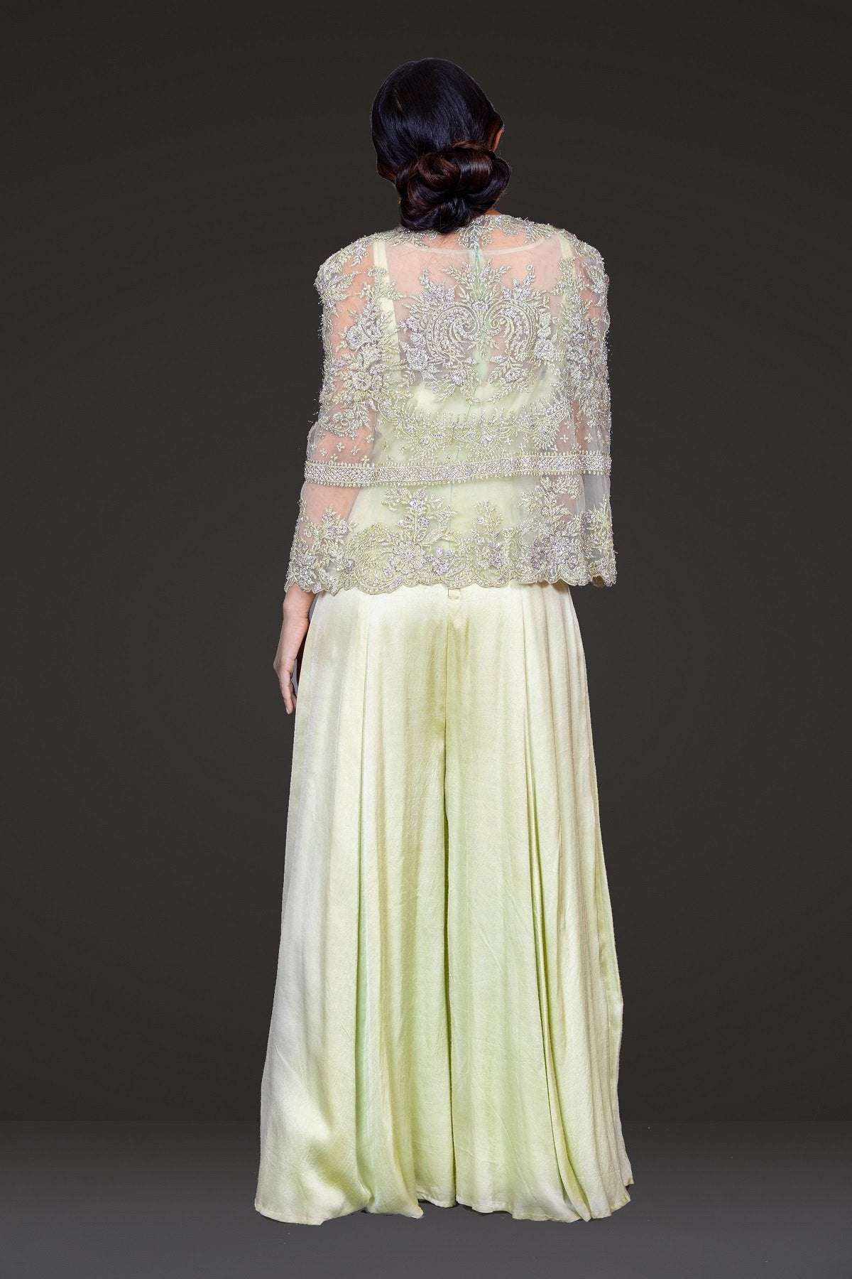 Pakistani Mint Embroidered Net Cape Dress (2-Piece) - Image 2