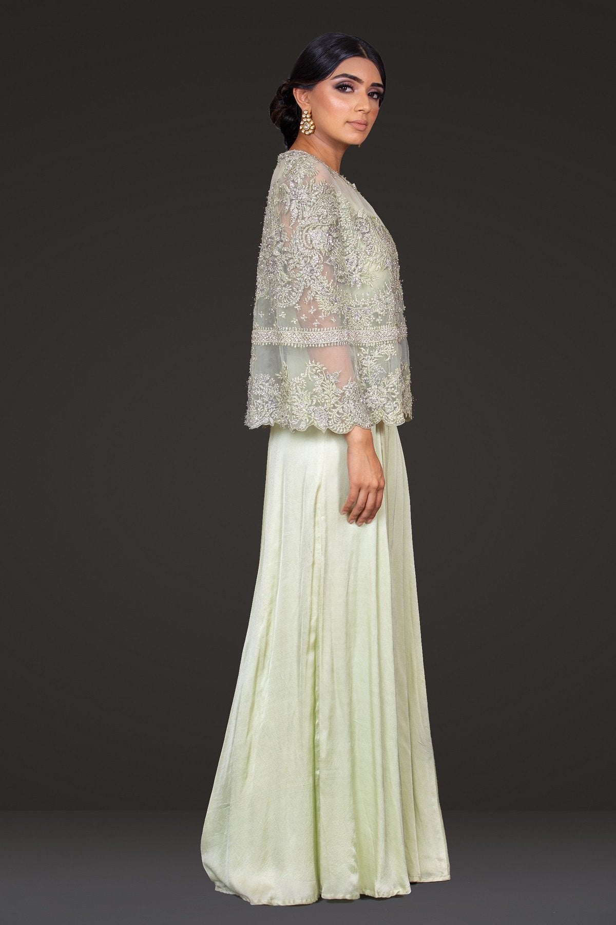 Pakistani Mint Embroidered Net Cape Dress (2-Piece) - Image 3