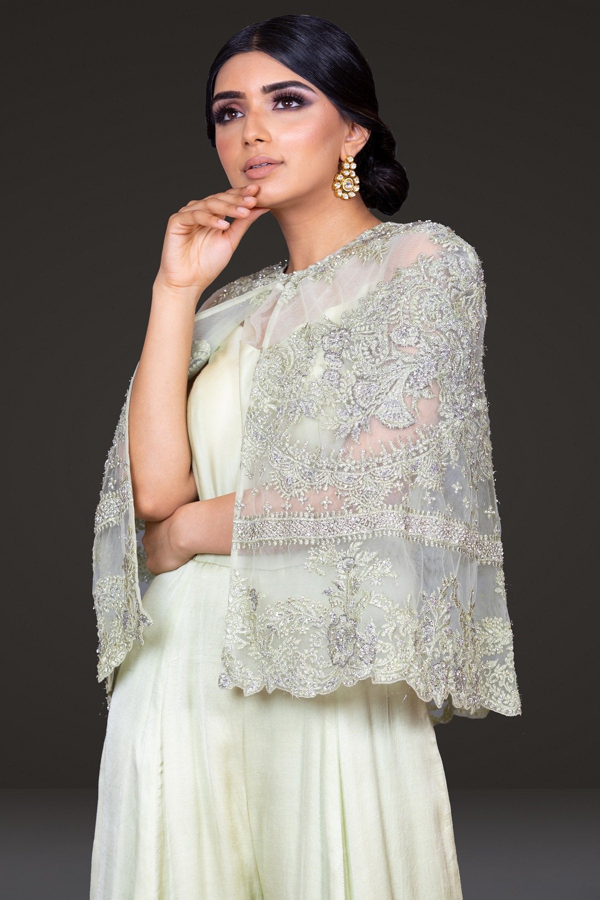 Pakistani Mint Embroidered Net Cape Dress (2-Piece) - Image 4