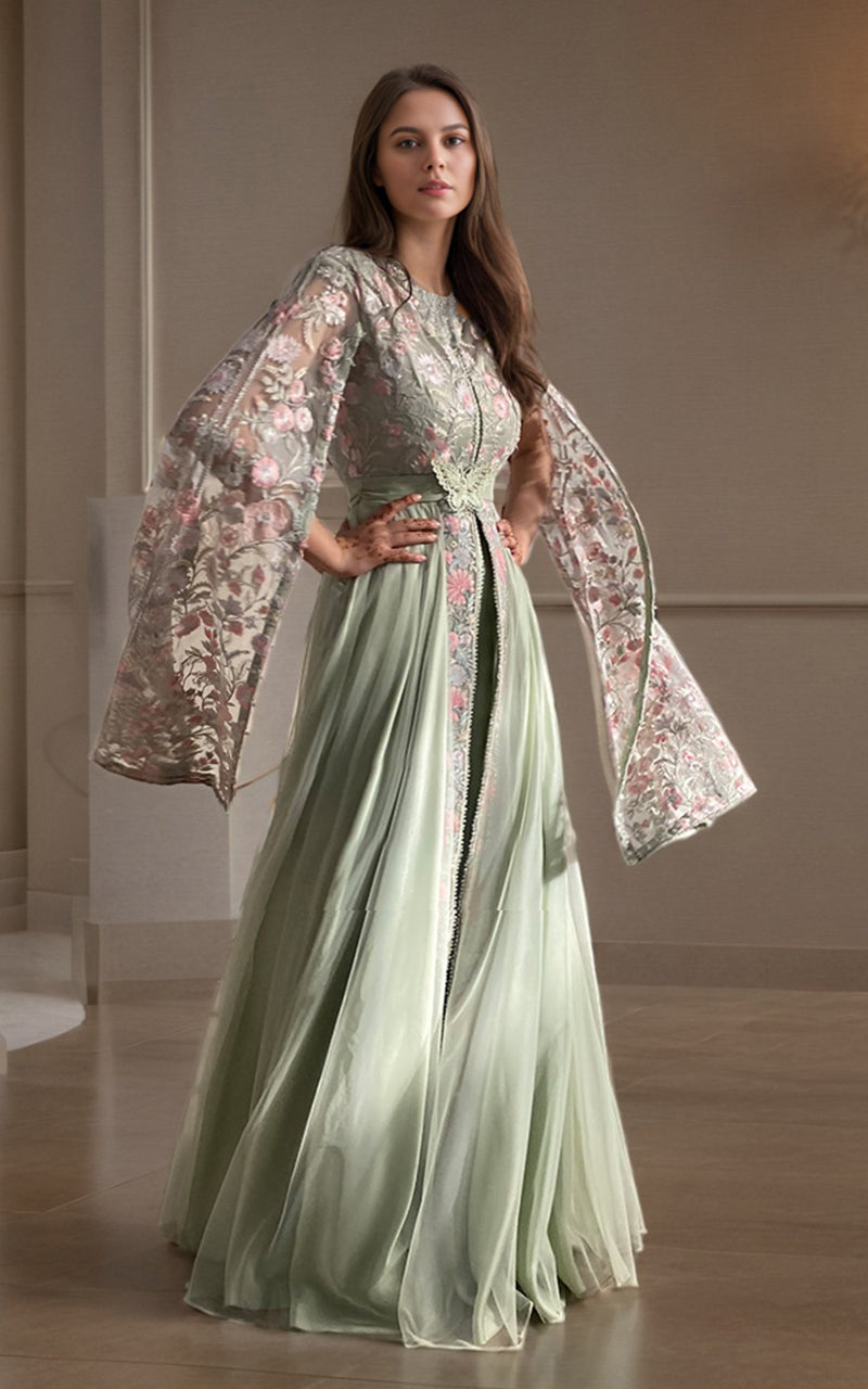 Mint Green Embroidered Organza Maxi Dress (1-Pc) - Image 1