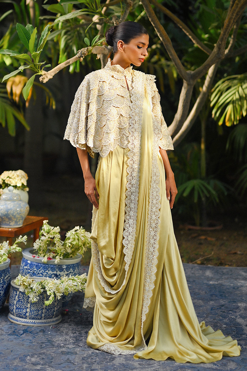 Pakistani Pistachio Hand-Embellished Organza Cape with Charmeuse Sari (2-Piece) - Image 1