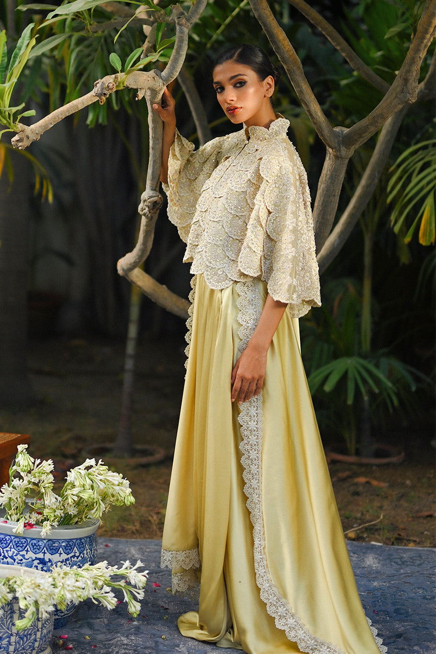 Pakistani Pistachio Hand-Embellished Organza Cape with Charmeuse Sari (2-Piece) - Image 2