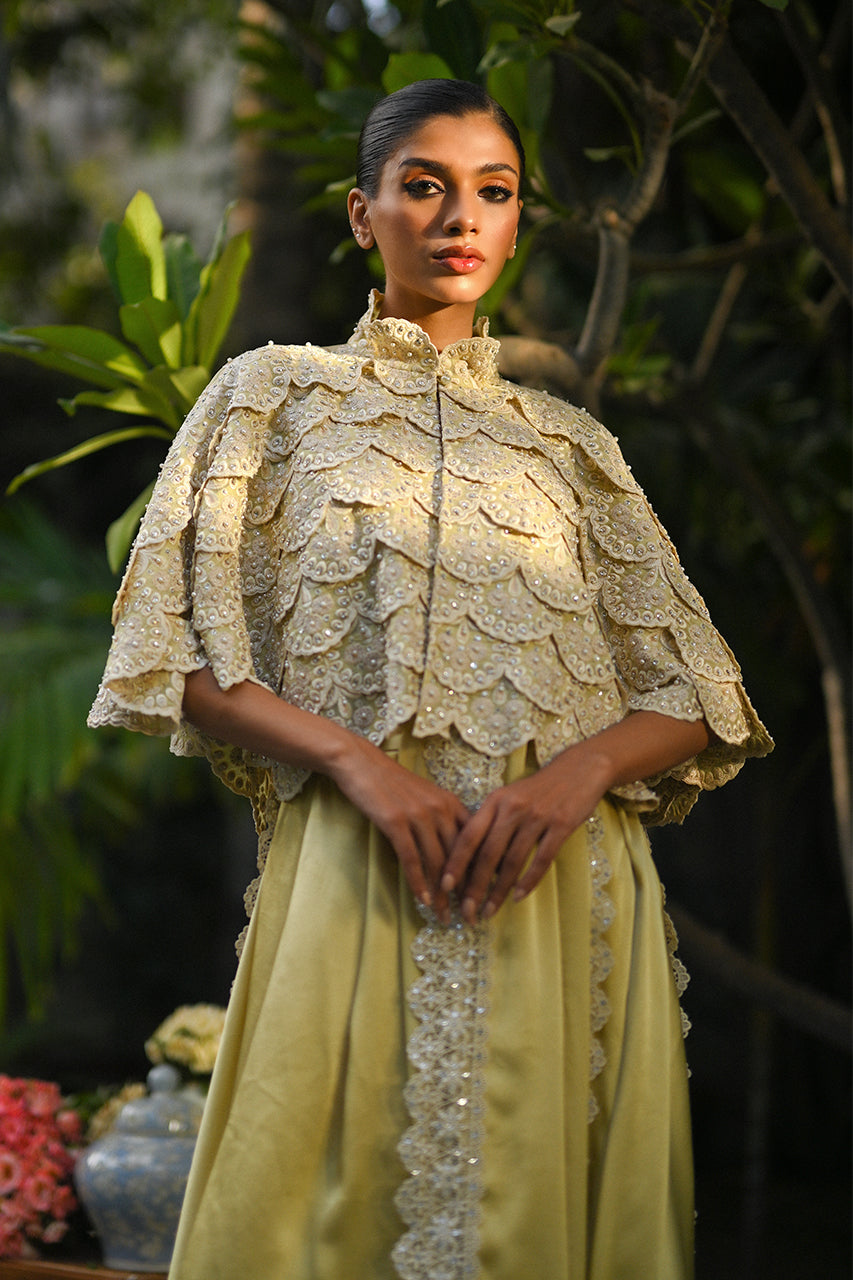 Pakistani Pistachio Hand-Embellished Organza Cape with Charmeuse Sari (2-Piece) - Image 4