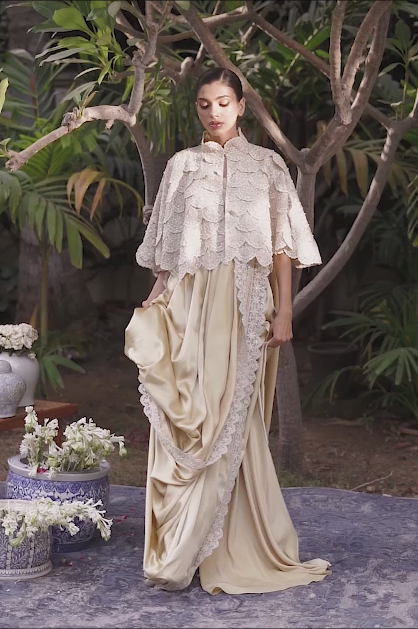 Pakistani Pistachio Hand-Embellished Organza Cape with Charmeuse Sari (2-Piece) - Image 5