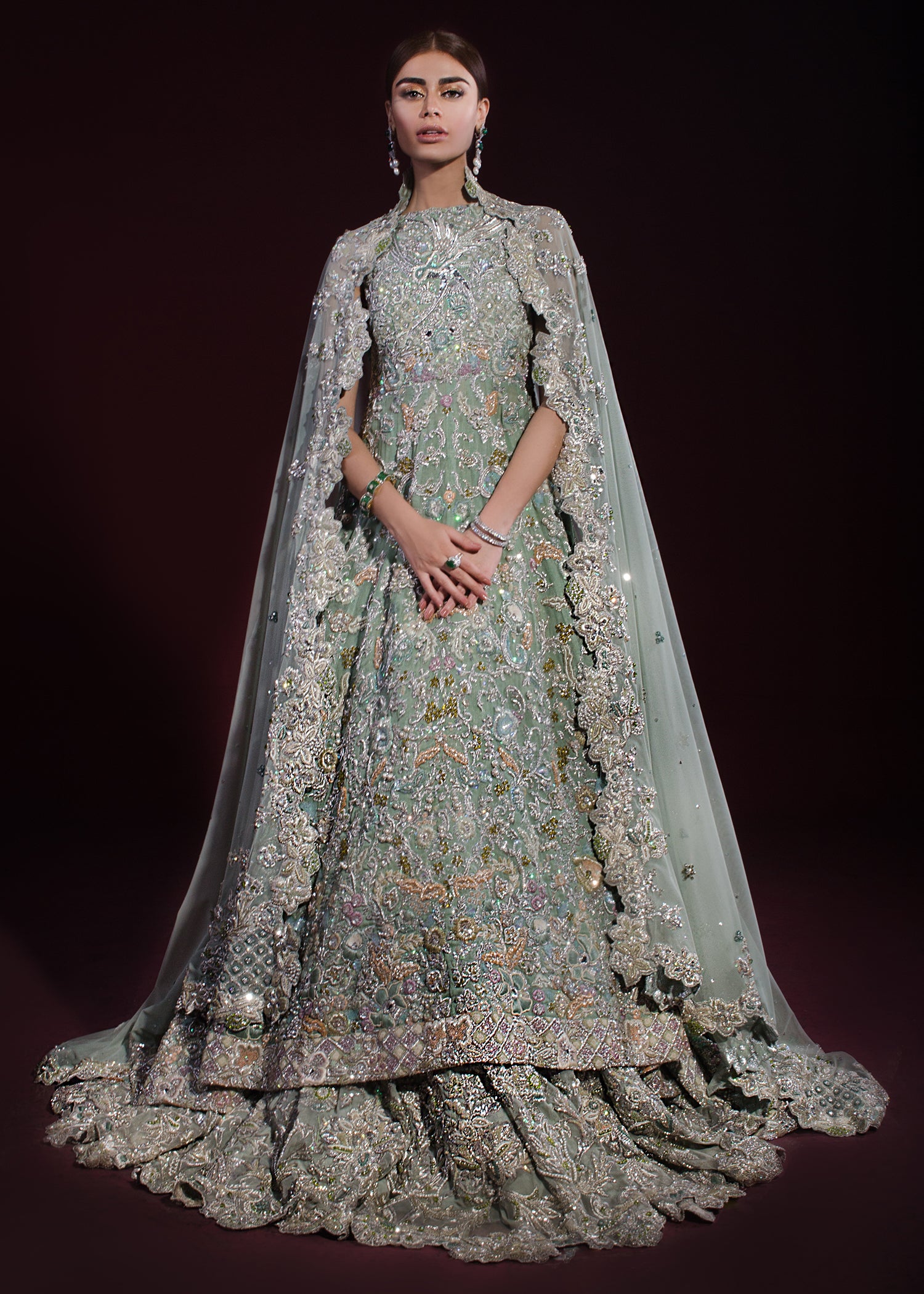 Chartreuse Green Embellished Organza Silk Cape Dress (1-Pc) - Image 1