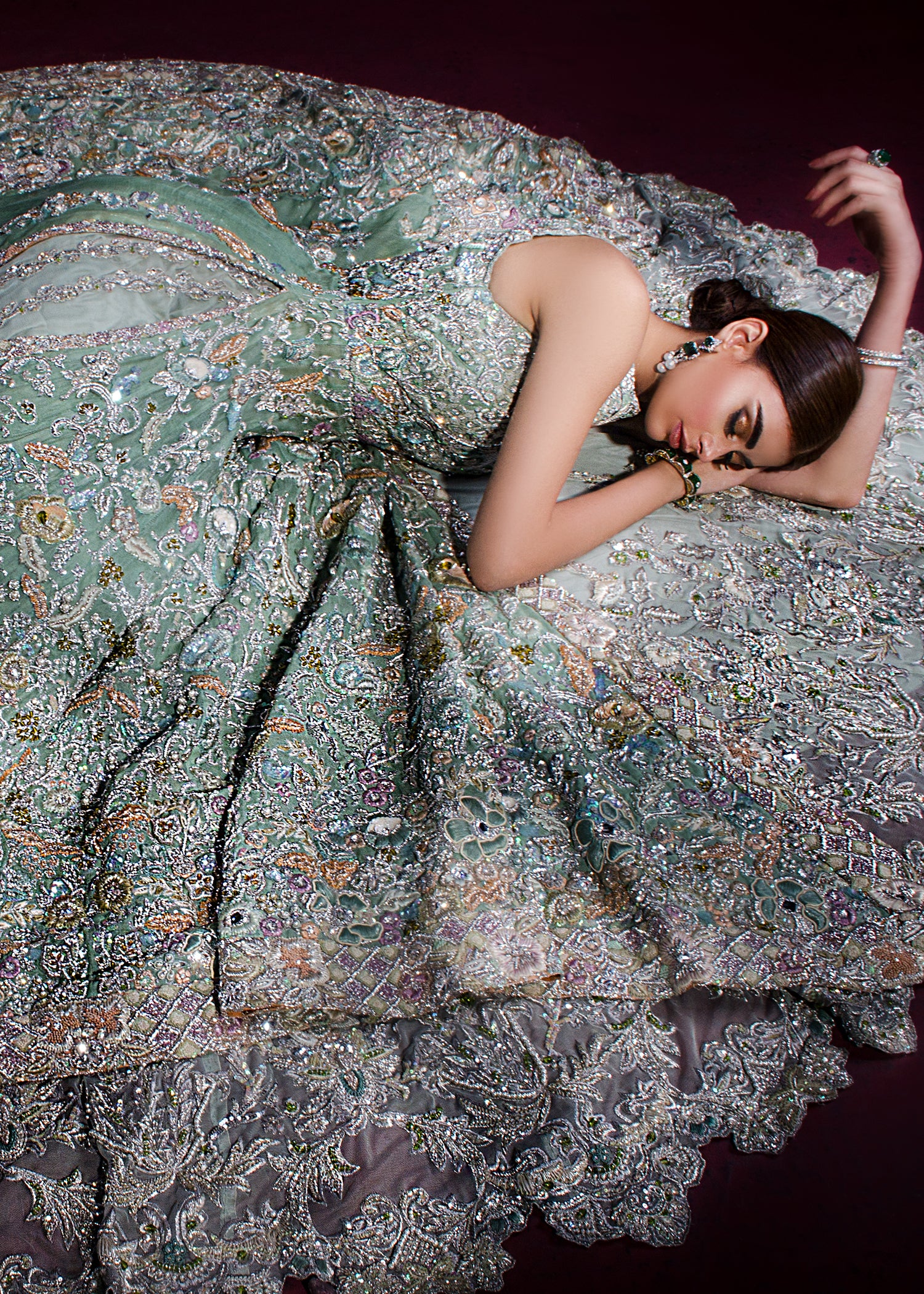 Chartreuse Green Embellished Net Organza Bridal Cape Dress (2-Piece) - Image 2