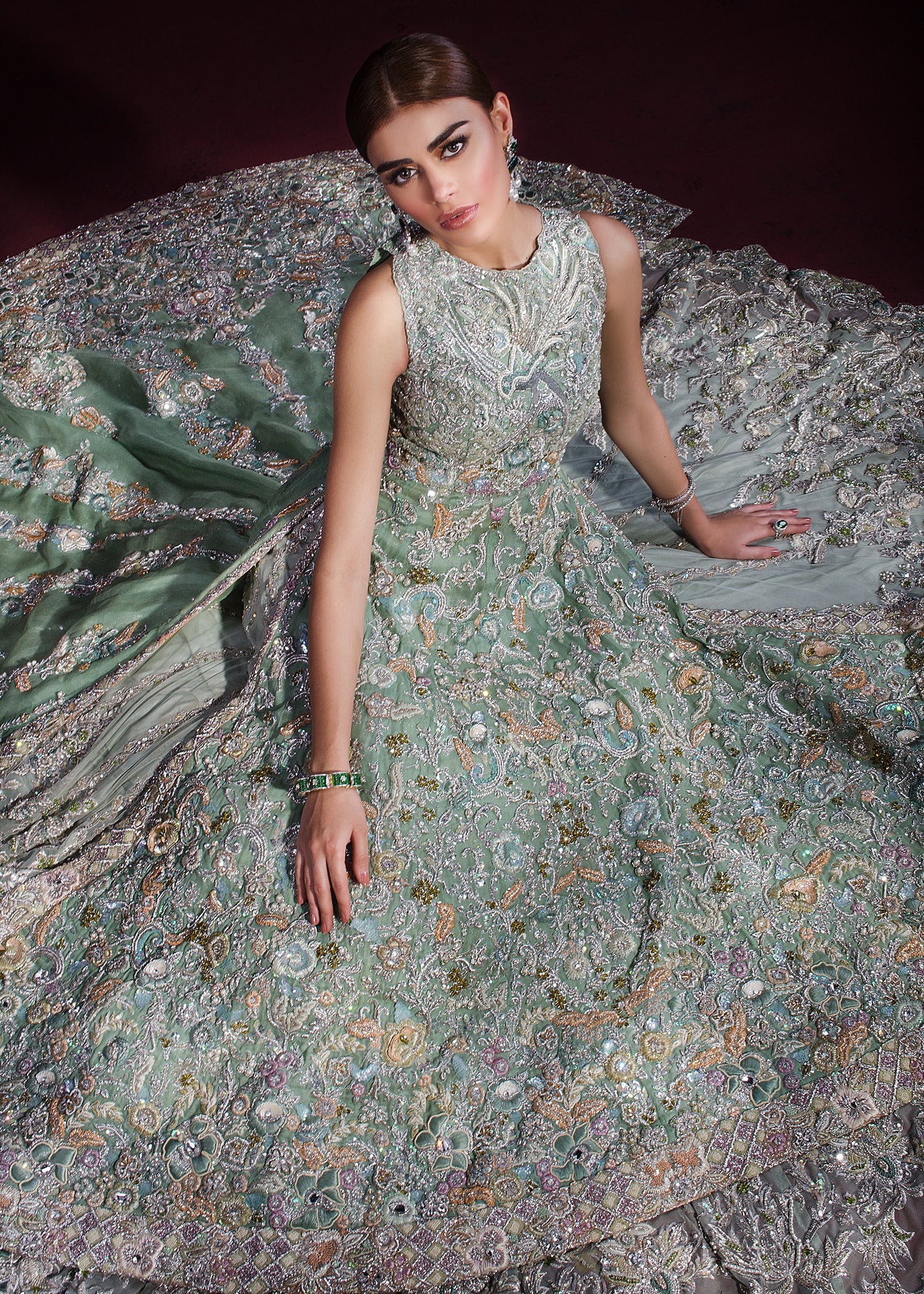 Chartreuse Green Embellished Net Organza Bridal Cape Dress (2-Piece) - Image 3