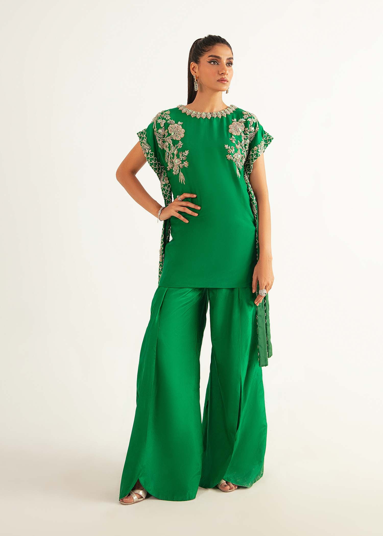 Pakistani Forest Green Embroidered Raw Silk Cape Sleeve Set (3-Piece) - Image 1