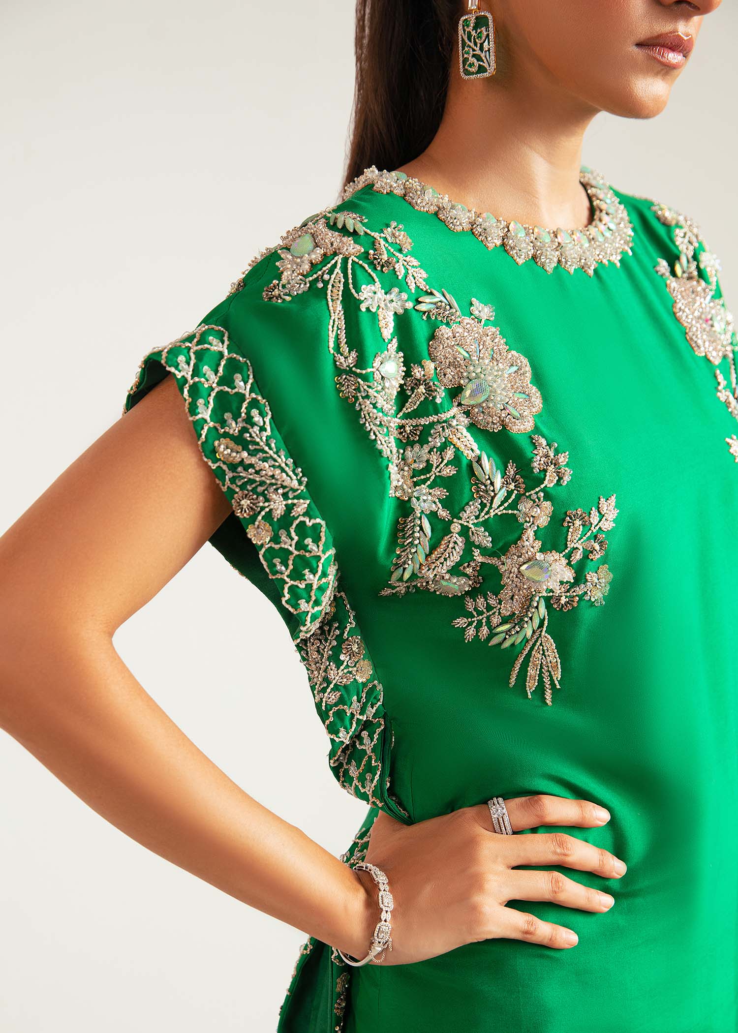 Pakistani Forest Green Embroidered Raw Silk Cape Sleeve Set (3-Piece) - Image 2