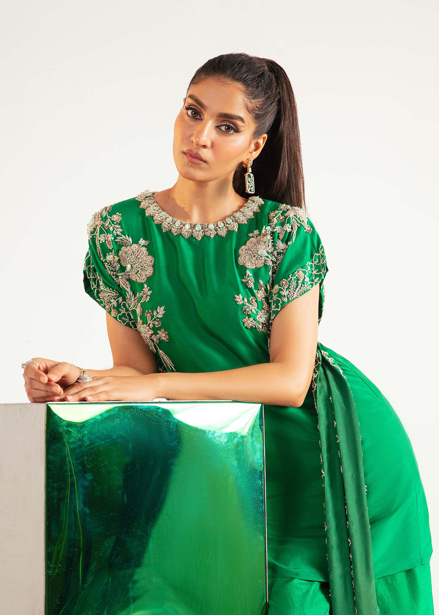 Pakistani Forest Green Embroidered Raw Silk Cape Sleeve Set (3-Piece) - Image 3