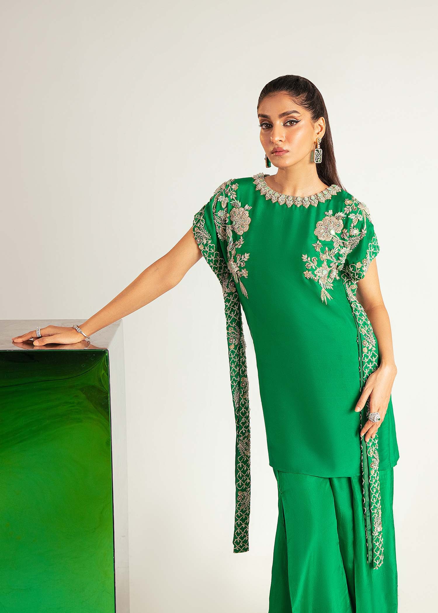 Pakistani Forest Green Embroidered Raw Silk Cape Sleeve Set (3-Piece) - Image 4