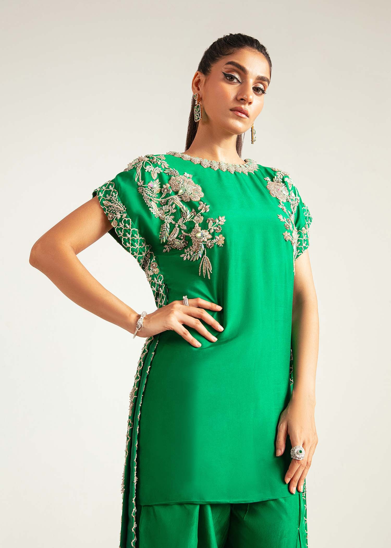 Pakistani Forest Green Embroidered Raw Silk Cape Sleeve Set (3-Piece) - Image 5
