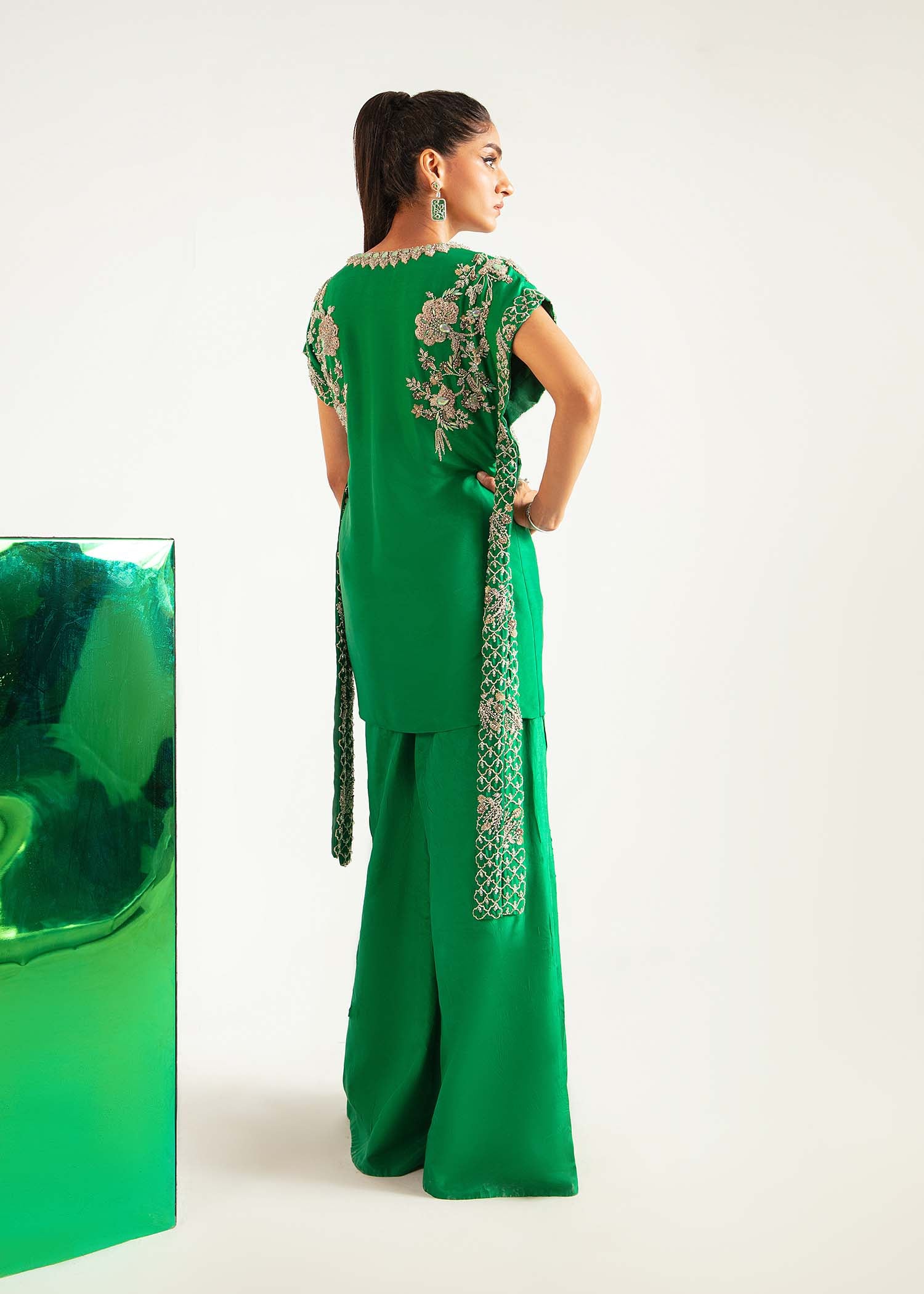 Pakistani Forest Green Embroidered Raw Silk Cape Sleeve Set (3-Piece) - Image 6