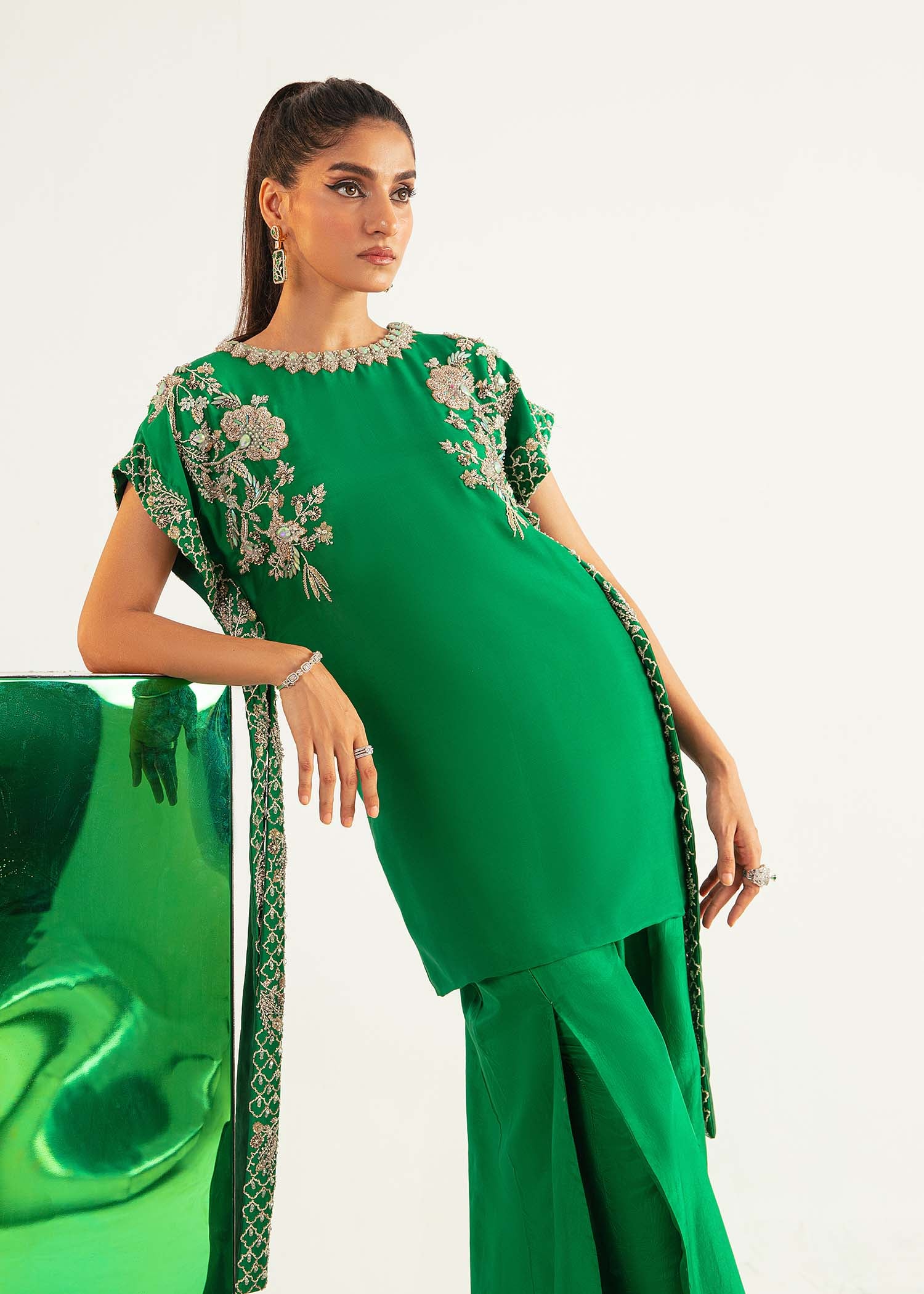 Pakistani Forest Green Embroidered Raw Silk Cape Sleeve Set (3-Piece) - Image 7