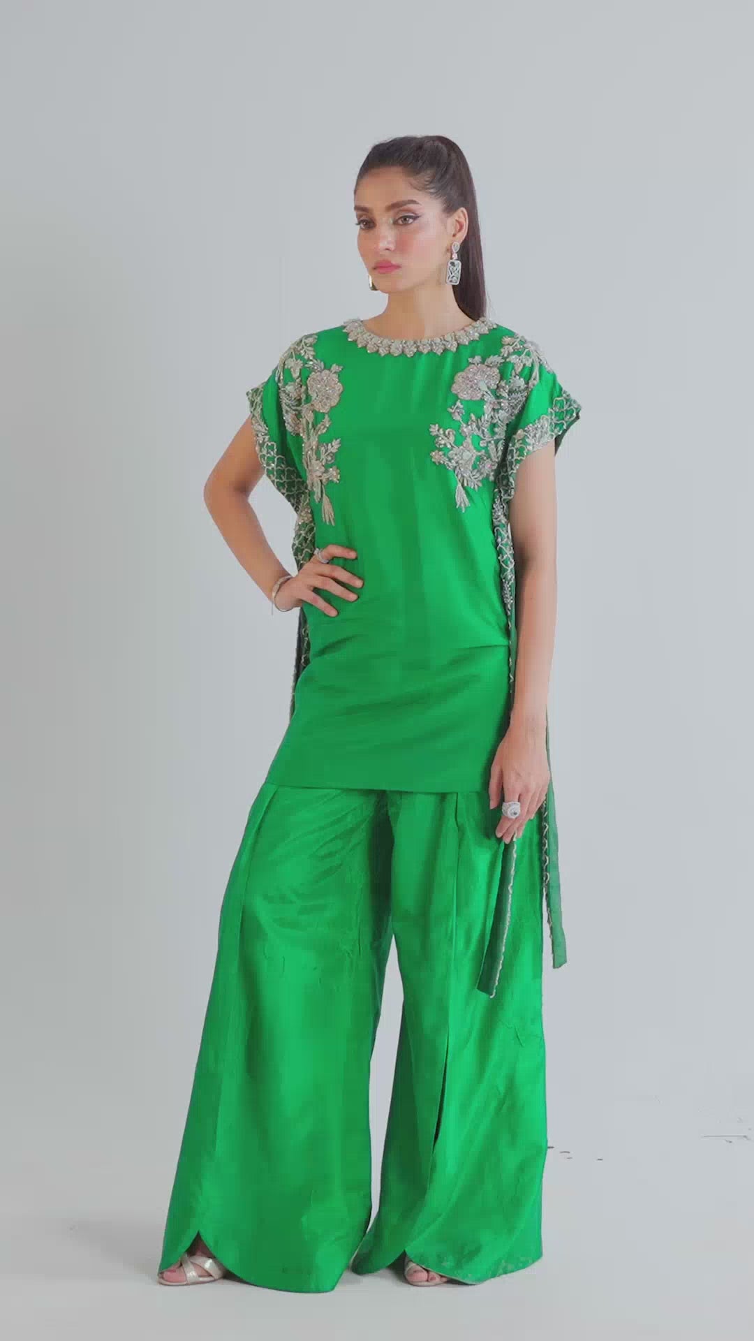 Pakistani Forest Green Embroidered Raw Silk Cape Sleeve Set (3-Piece) - Image 8