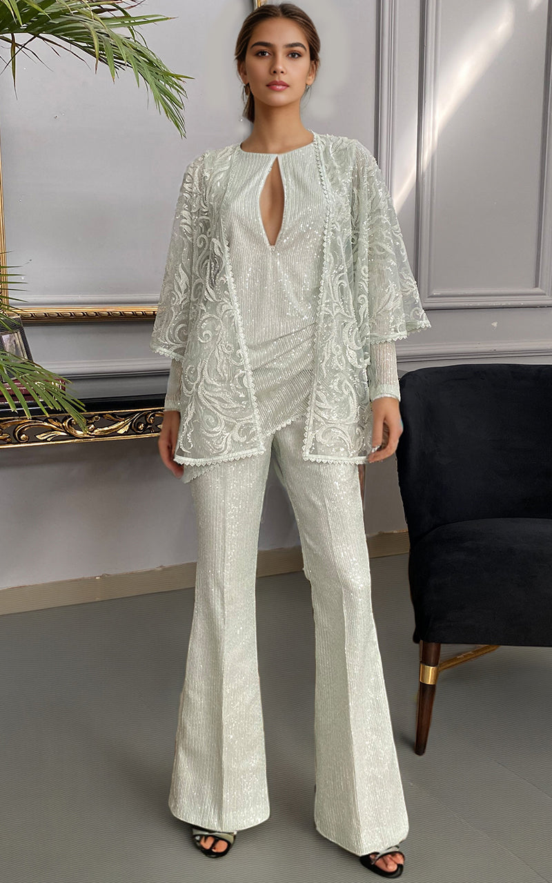 Mint Embroidered Net Cape Dress (3-Piece) - Image 1