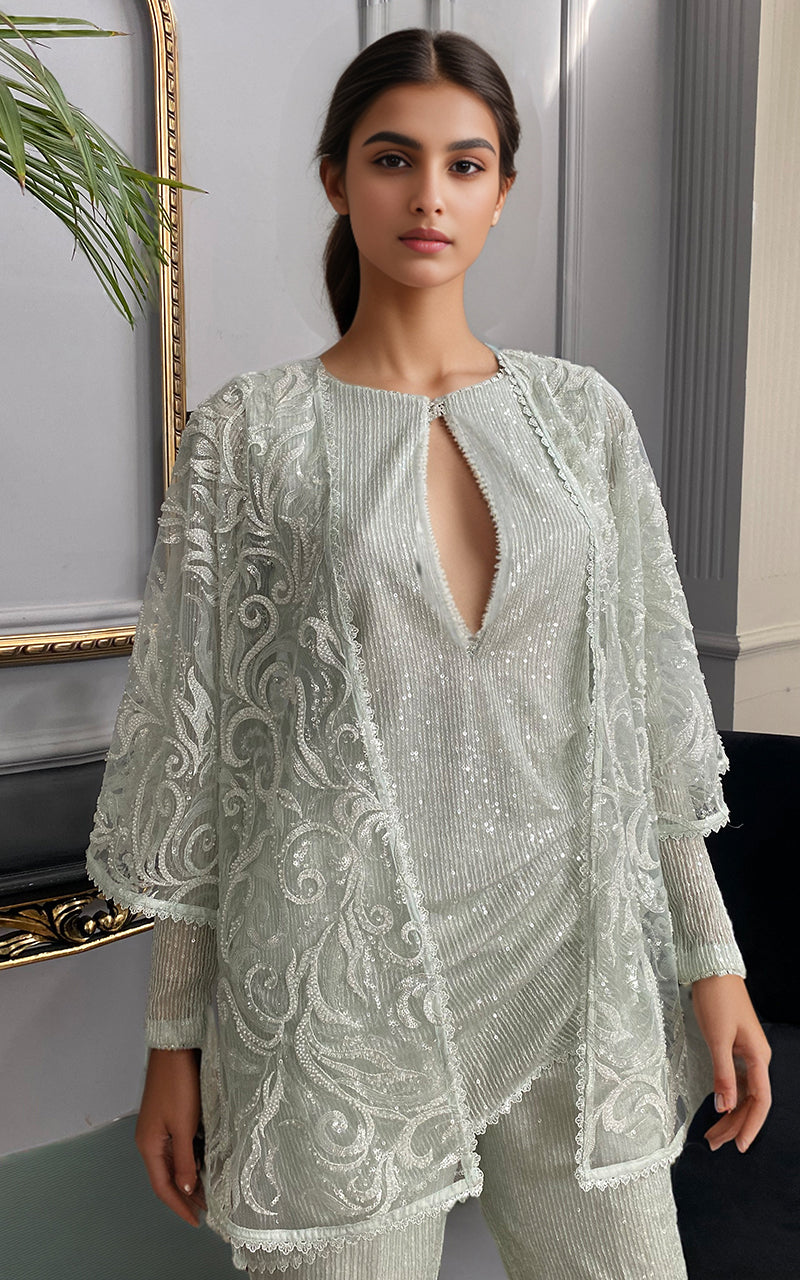 Mint Embroidered Net Cape Dress (3-Piece) - Image 2