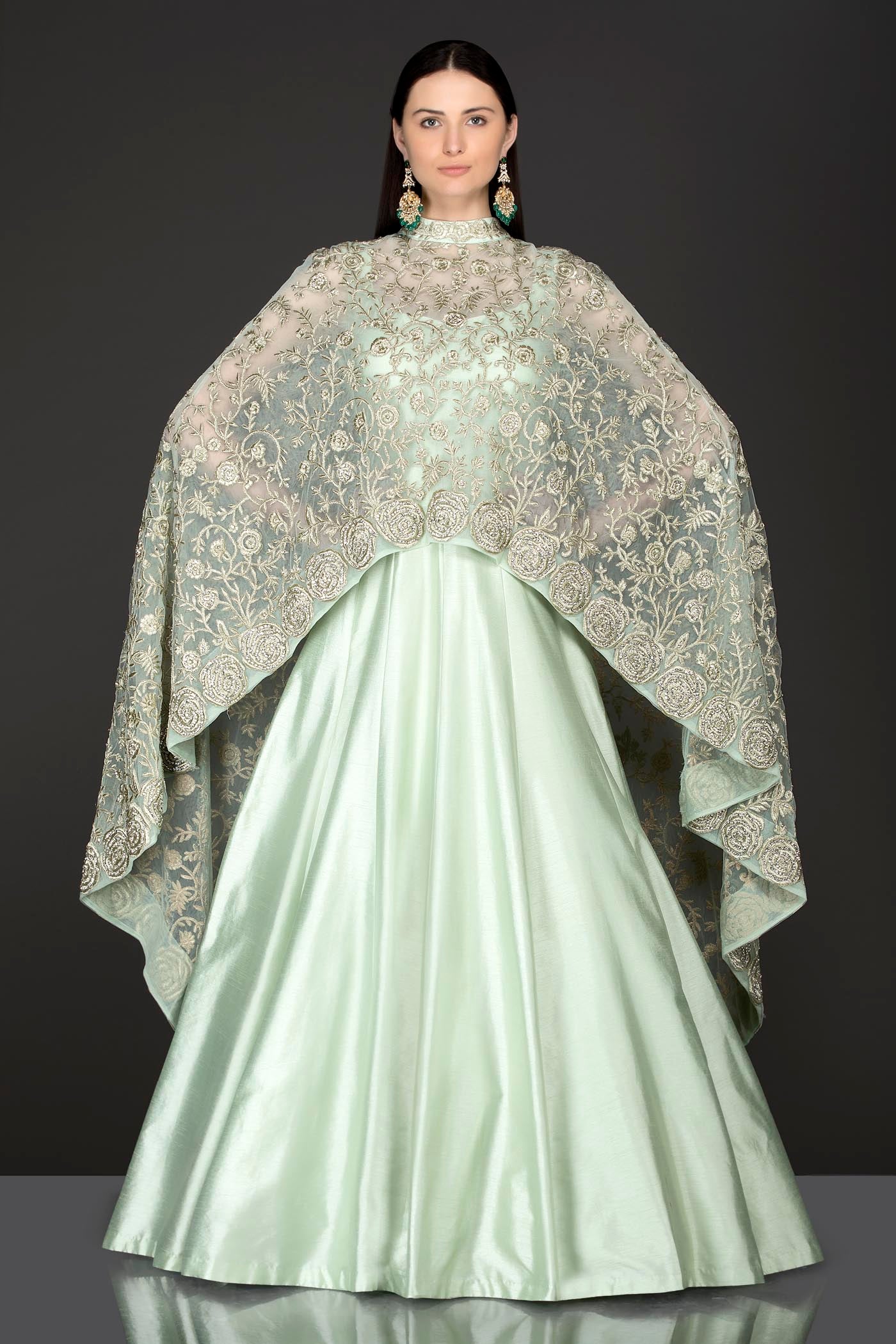 Mint Green Embroidered Net Cape Anarkali (2-Piece) - Image 1