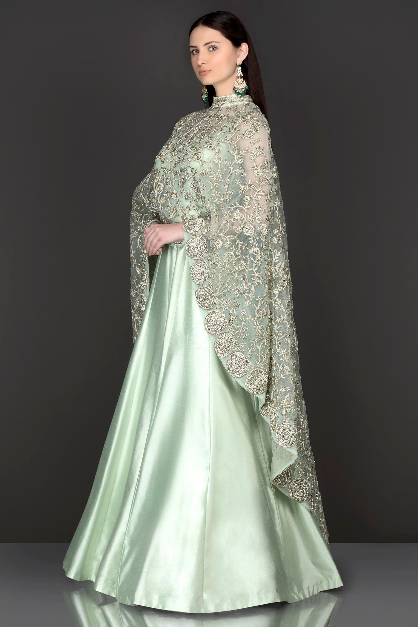 Mint Green Embroidered Net Cape Anarkali (2-Piece) - Image 2