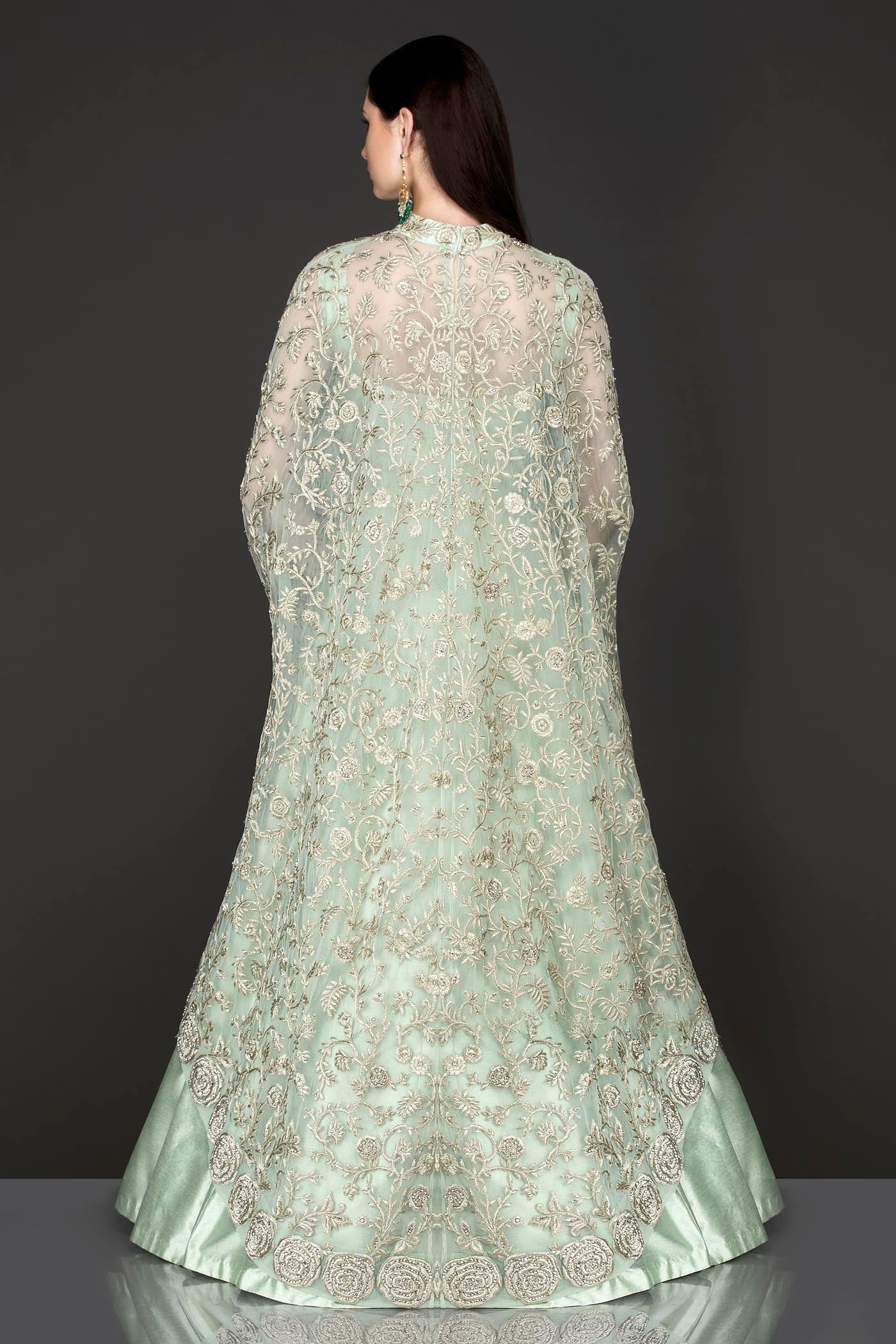 Mint Green Embroidered Net Cape Anarkali (2-Piece) - Image 3