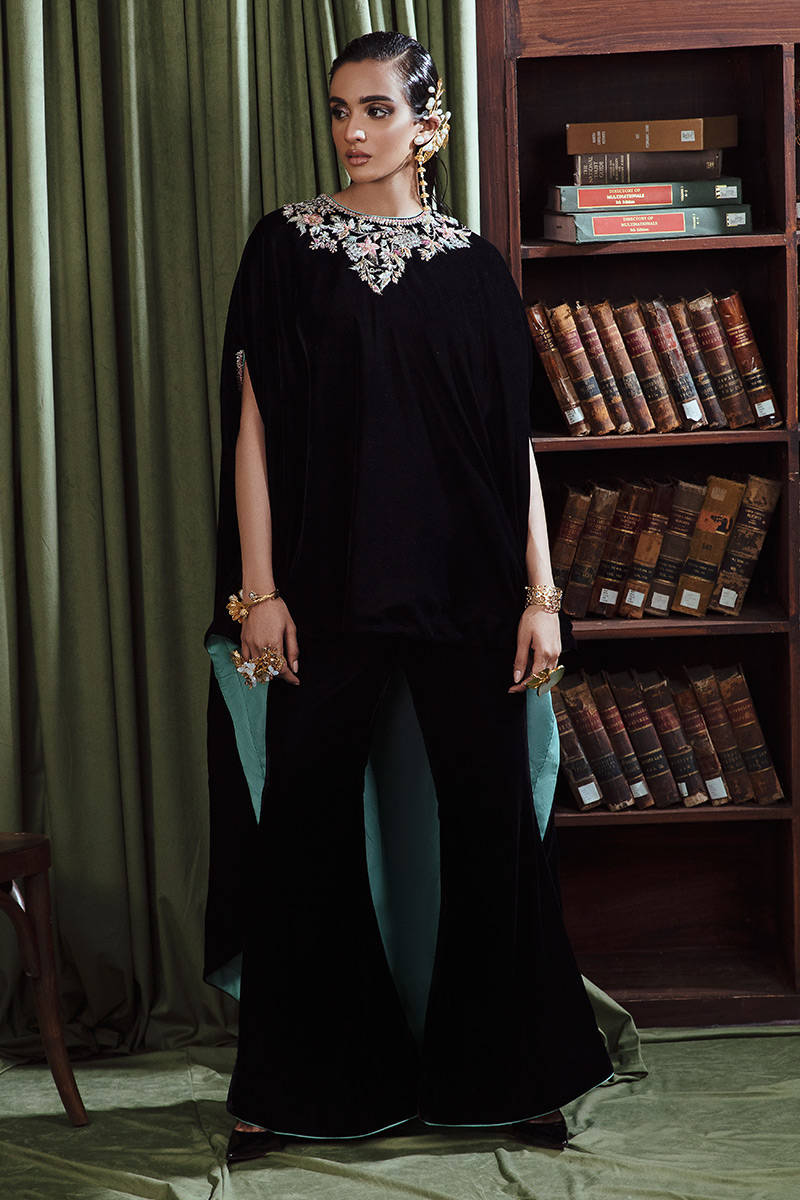 Pakistani Teal Green Embellished Velvet Cape Dress (2-Piece) - Image 1