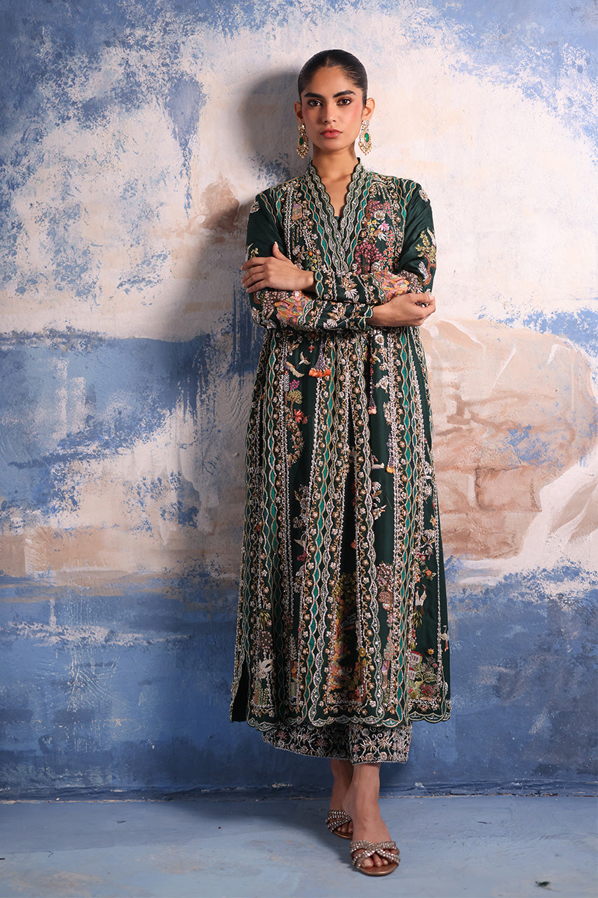 Pakistani Teal Green Zardozi Raw Silk Choga (3-Piece) - Image 1