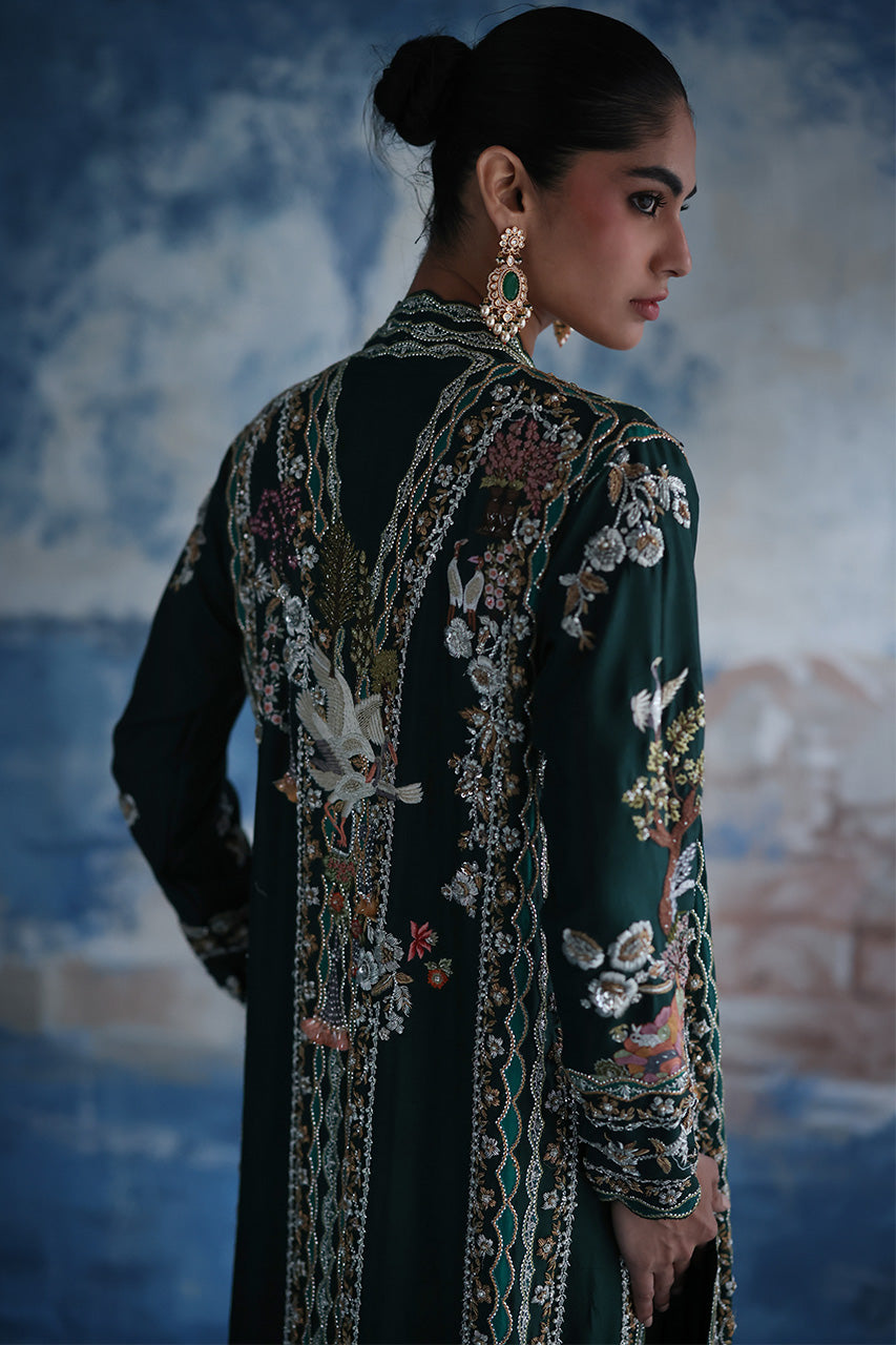 Pakistani Teal Green Zardozi Raw Silk Choga (3-Piece) - Image 2