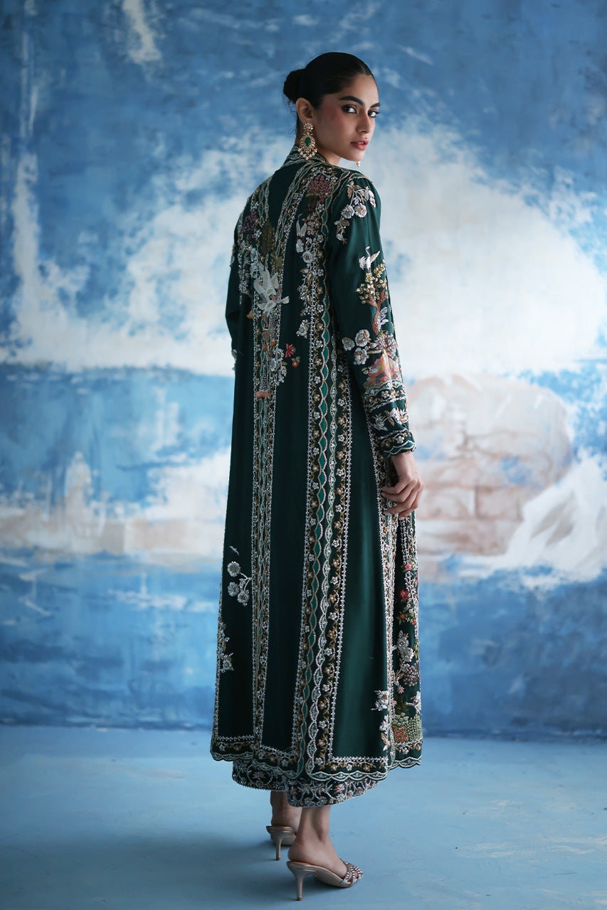 Pakistani Teal Green Zardozi Raw Silk Choga (3-Piece) - Image 3