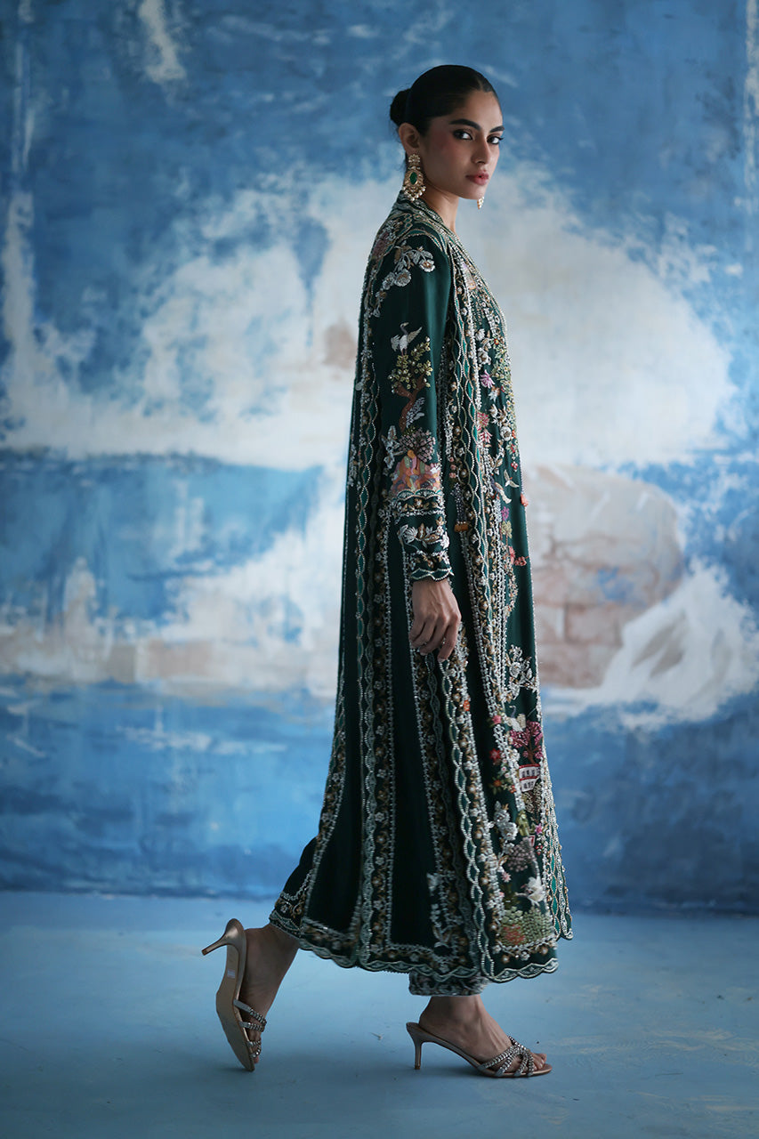 Pakistani Teal Green Zardozi Raw Silk Choga (3-Piece) - Image 5