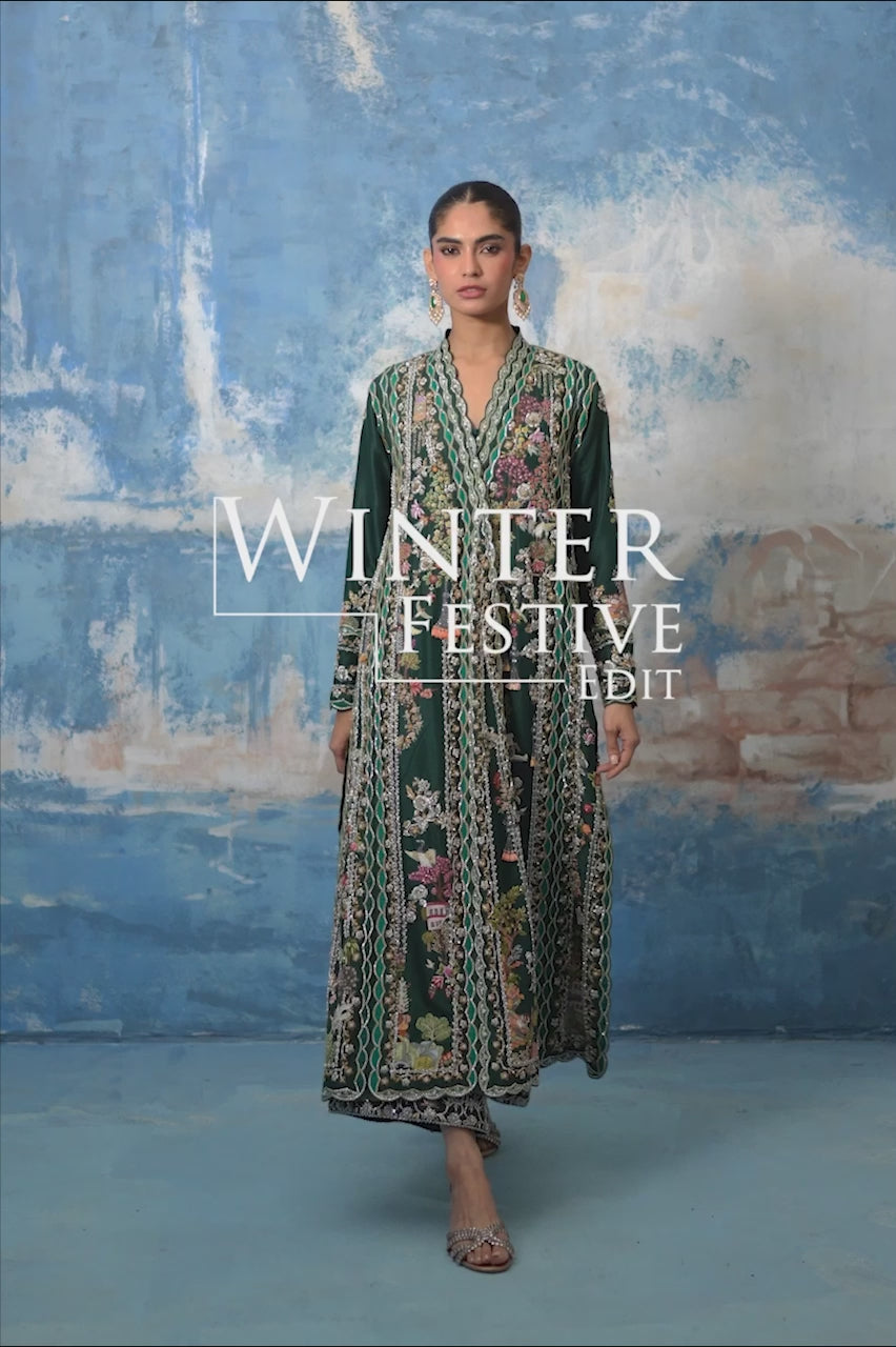 Pakistani Teal Green Zardozi Raw Silk Choga (3-Piece) - Image 6