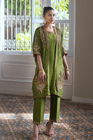 Olive Green Hand-Embellished Pure Silk Jacket Set (3-Piece) - Image 5