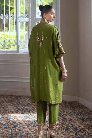 Olive Green Hand-Embellished Pure Silk Jacket Set (3-Piece) - Image 6