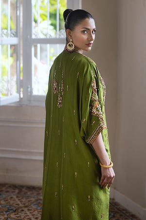 Olive Green Hand-Embellished Pure Silk Jacket Set (3-Piece) - Image 7