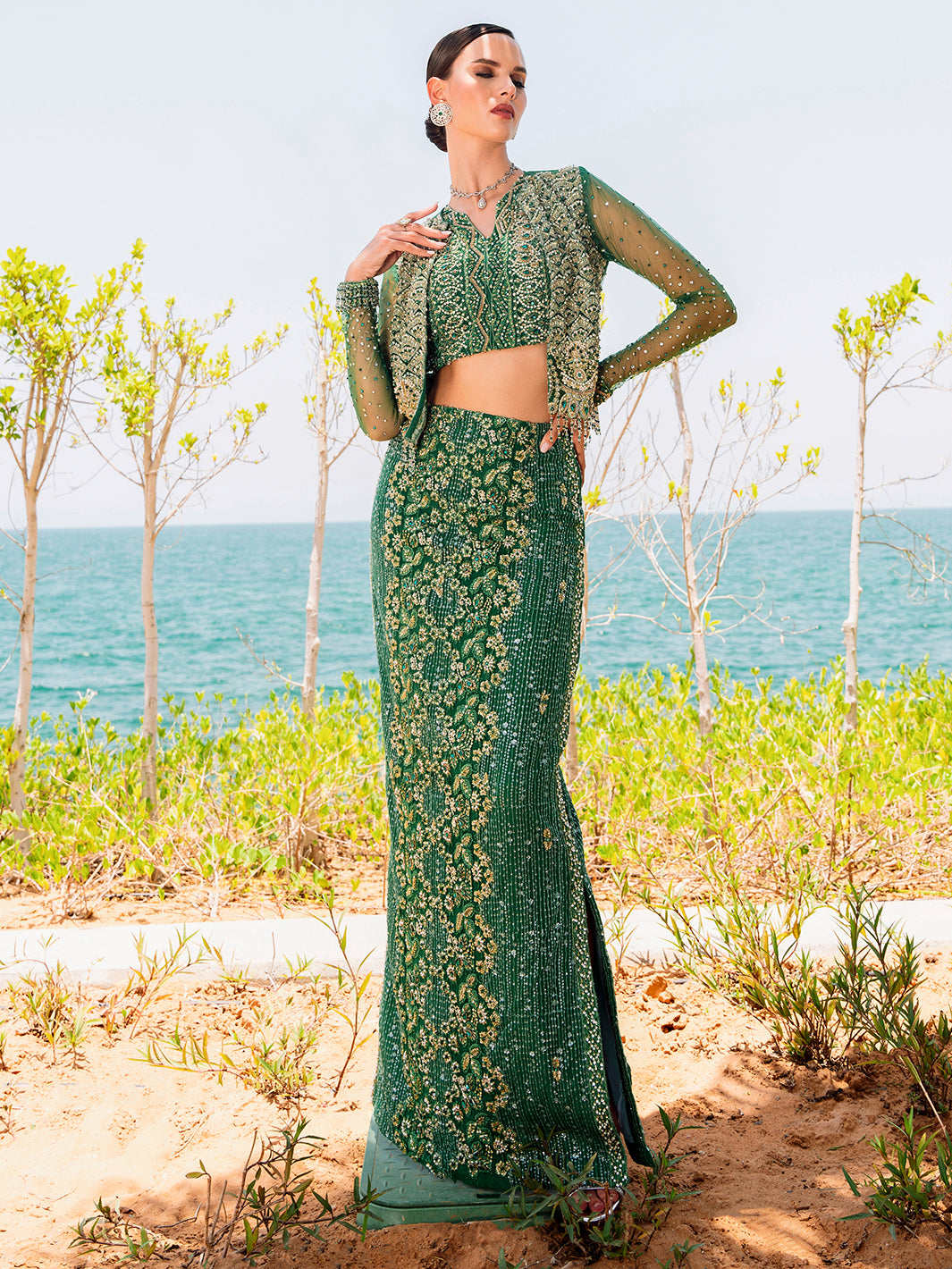 Indian Emerald Green Embellished Net & Silk Skirt Set (4-Piece) - Image 1