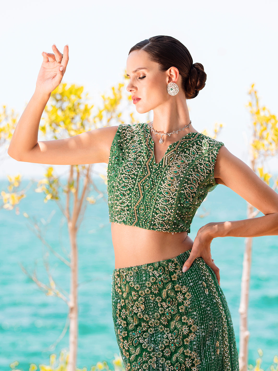 Indian Emerald Green Embellished Net & Silk Skirt Set (4-Piece) - Image 2