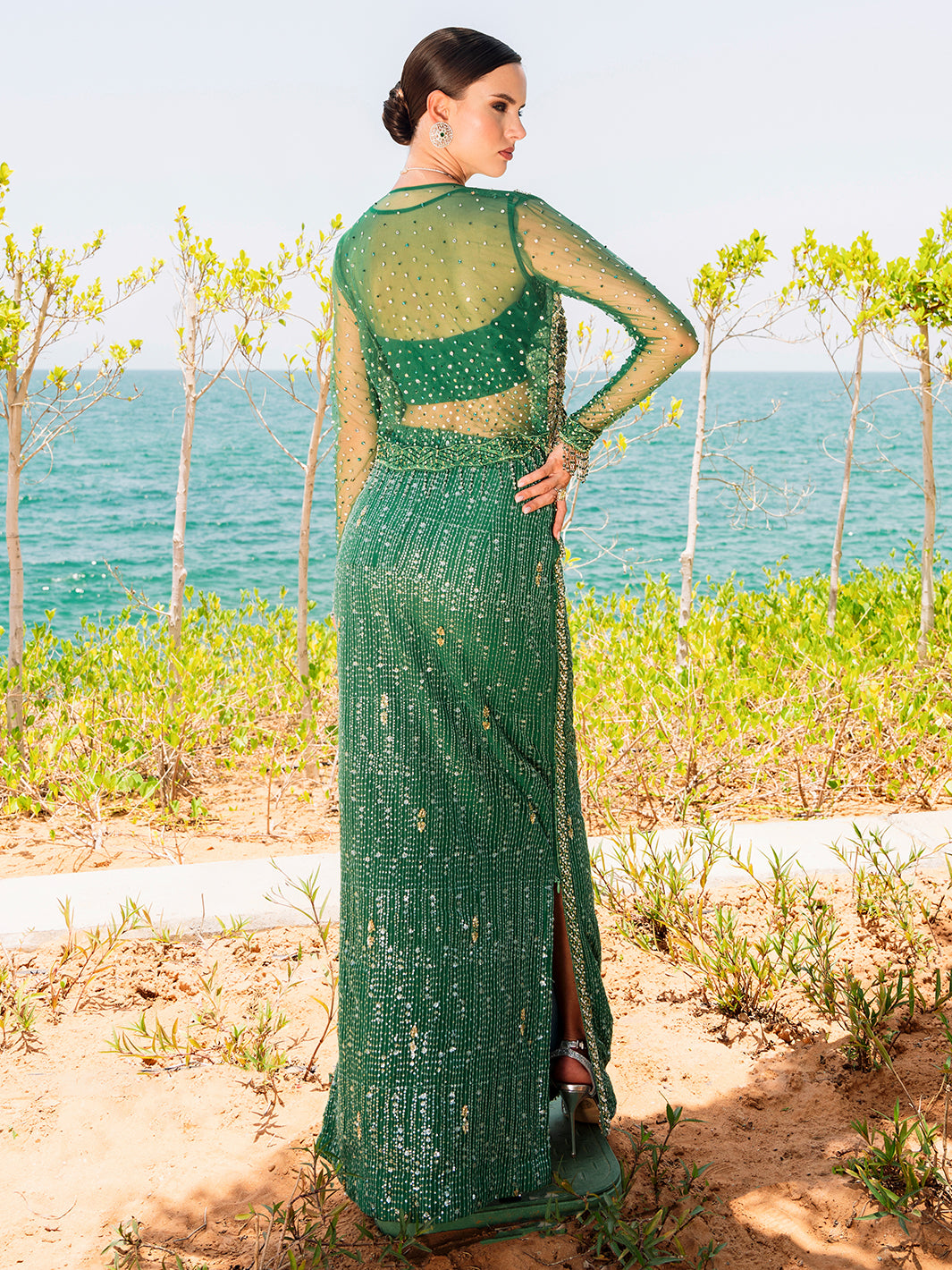 Indian Emerald Green Embellished Net & Silk Skirt Set (4-Piece) - Image 3