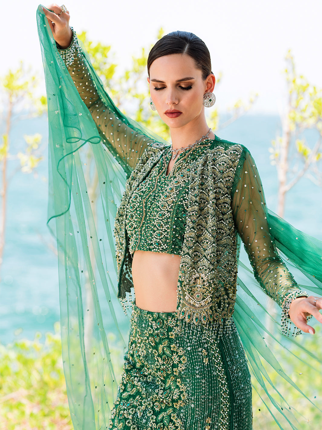 Indian Emerald Green Embellished Net & Silk Skirt Set (4-Piece) - Image 4