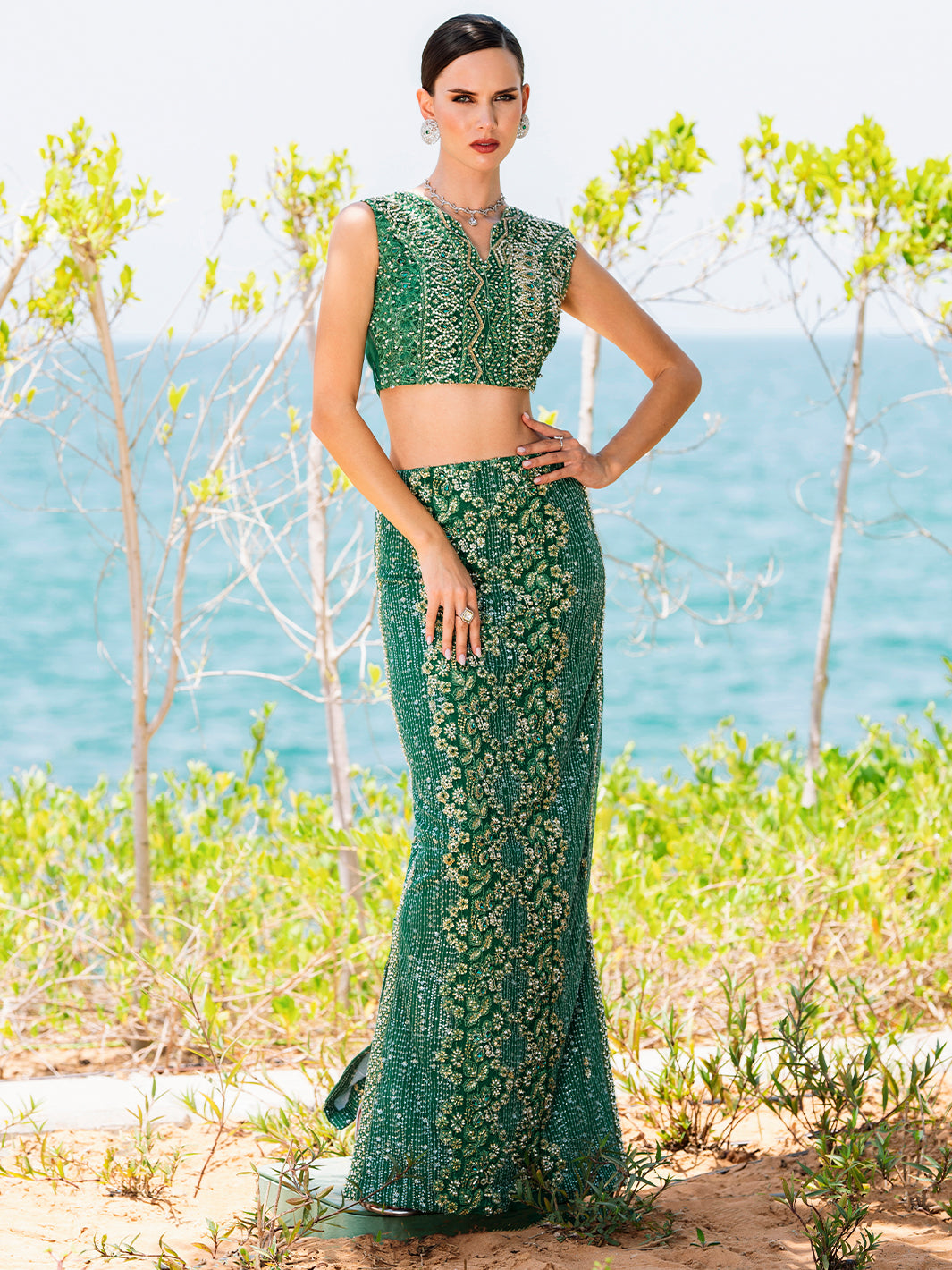 Indian Emerald Green Embellished Net & Silk Skirt Set (4-Piece) - Image 5