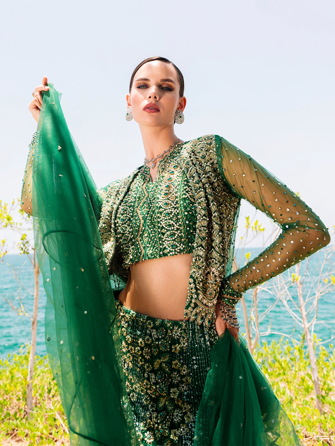 Indian Emerald Green Embellished Net & Silk Skirt Set (4-Piece) - Image 6