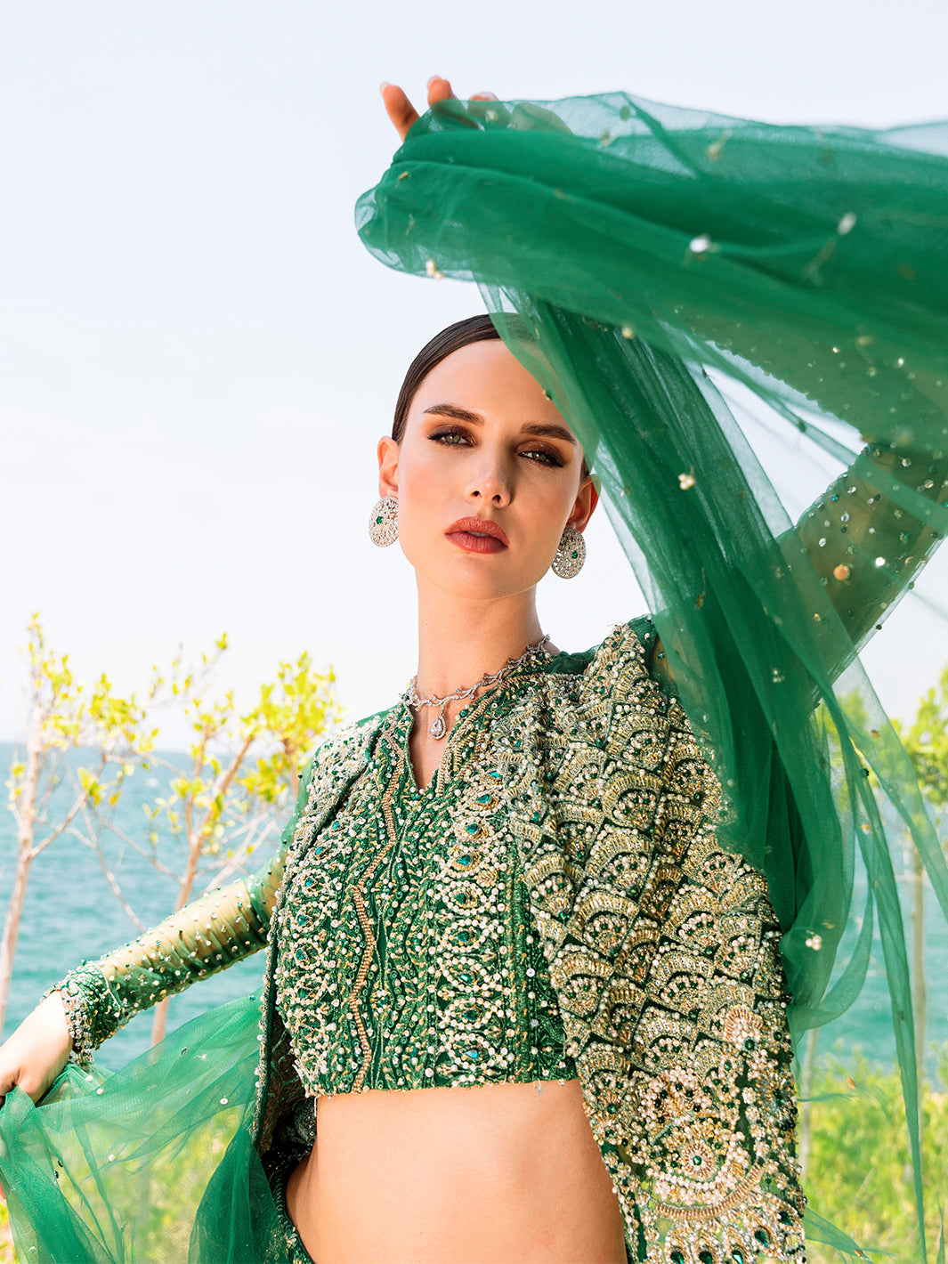 Indian Emerald Green Embellished Net & Silk Skirt Set (4-Piece) - Image 8