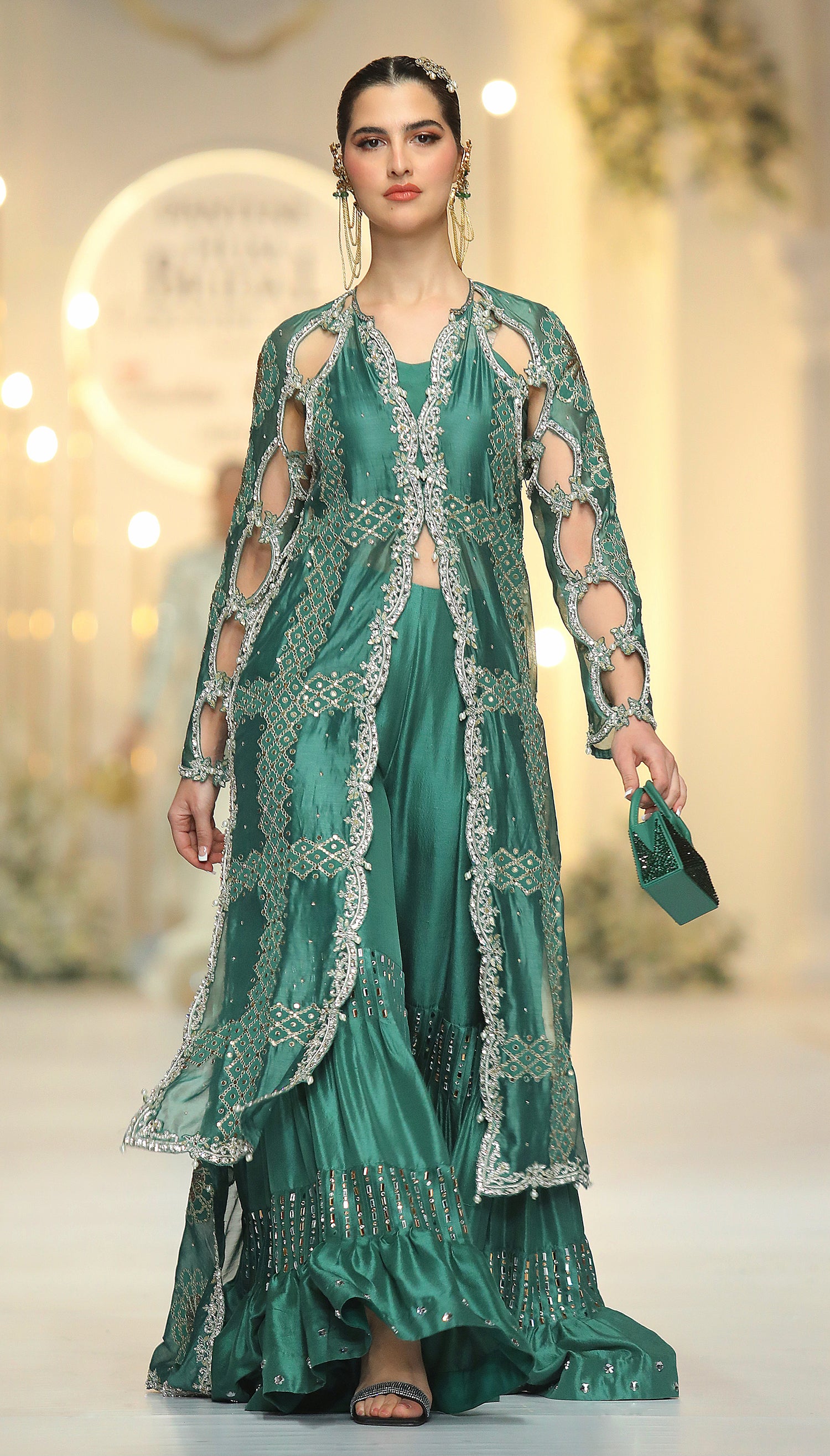 Seaweed Green Embroidered Khadi Silk Duster Jacket (3-Piece) - Image 1