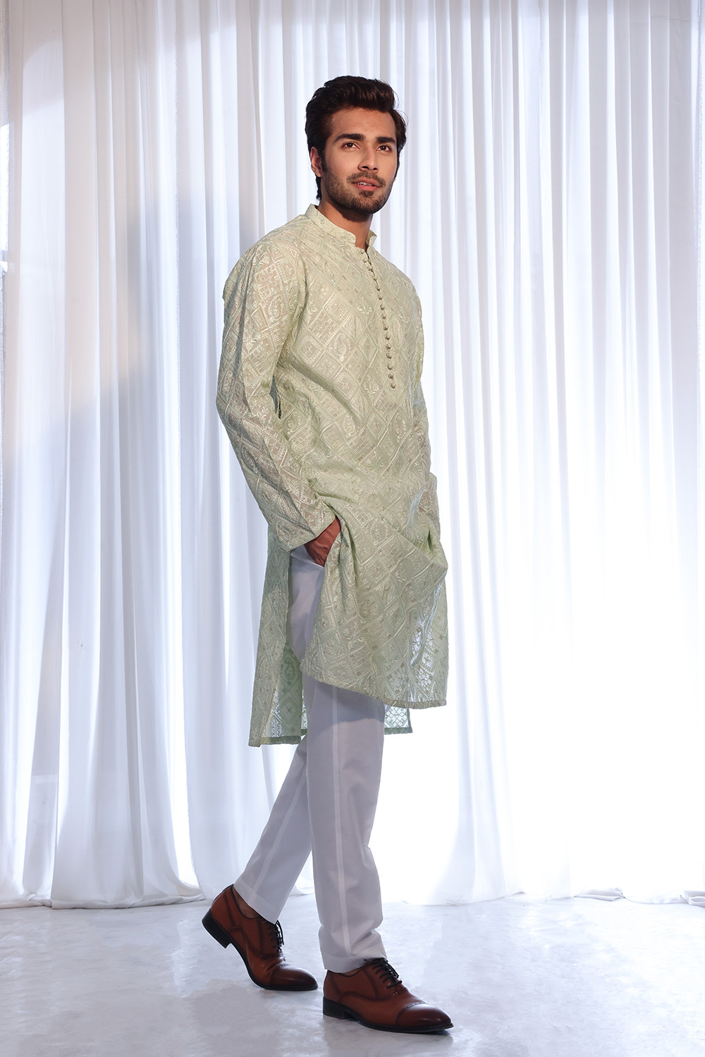 Tea Green Geometric Embroidered Cotton-Silk Kurta (2-Piece) - Image 1