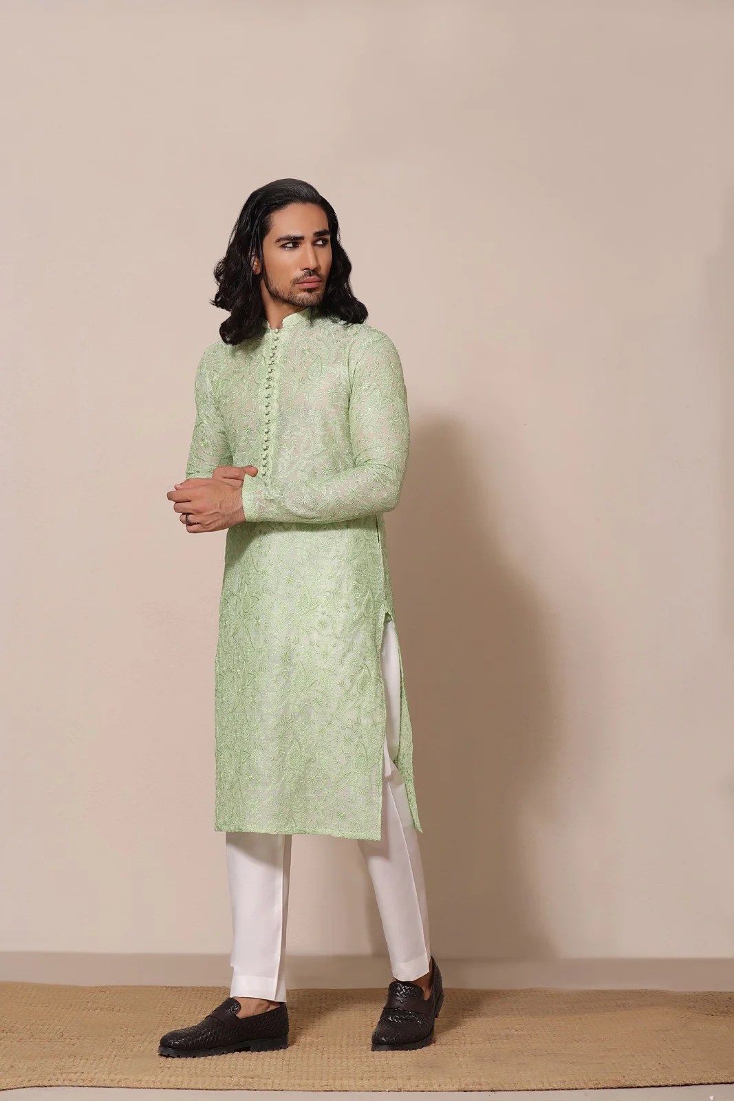 Soft Green Embroidered Cotton-Silk Kurta (2-Piece) - Image 1