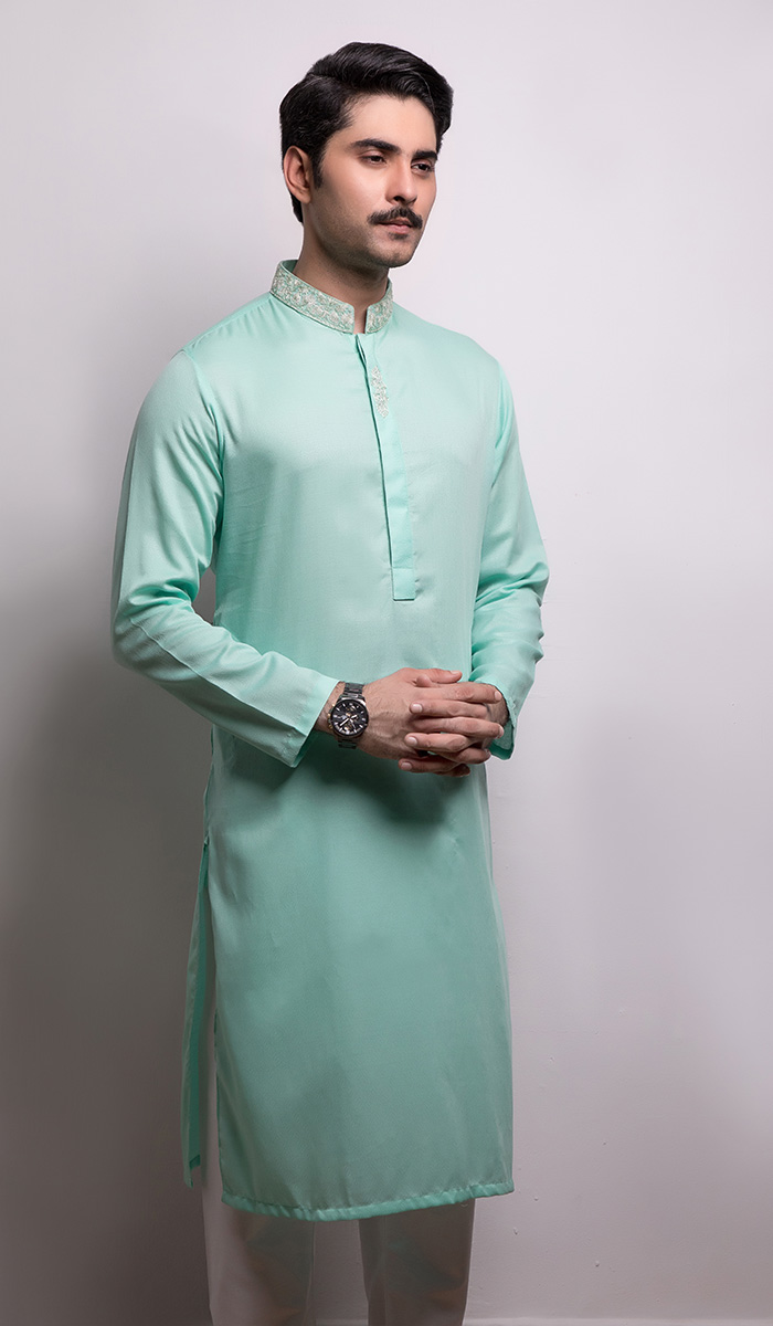 Mint Green Embroidered Cotton-Silk Kurta (2-Piece) - Image 1