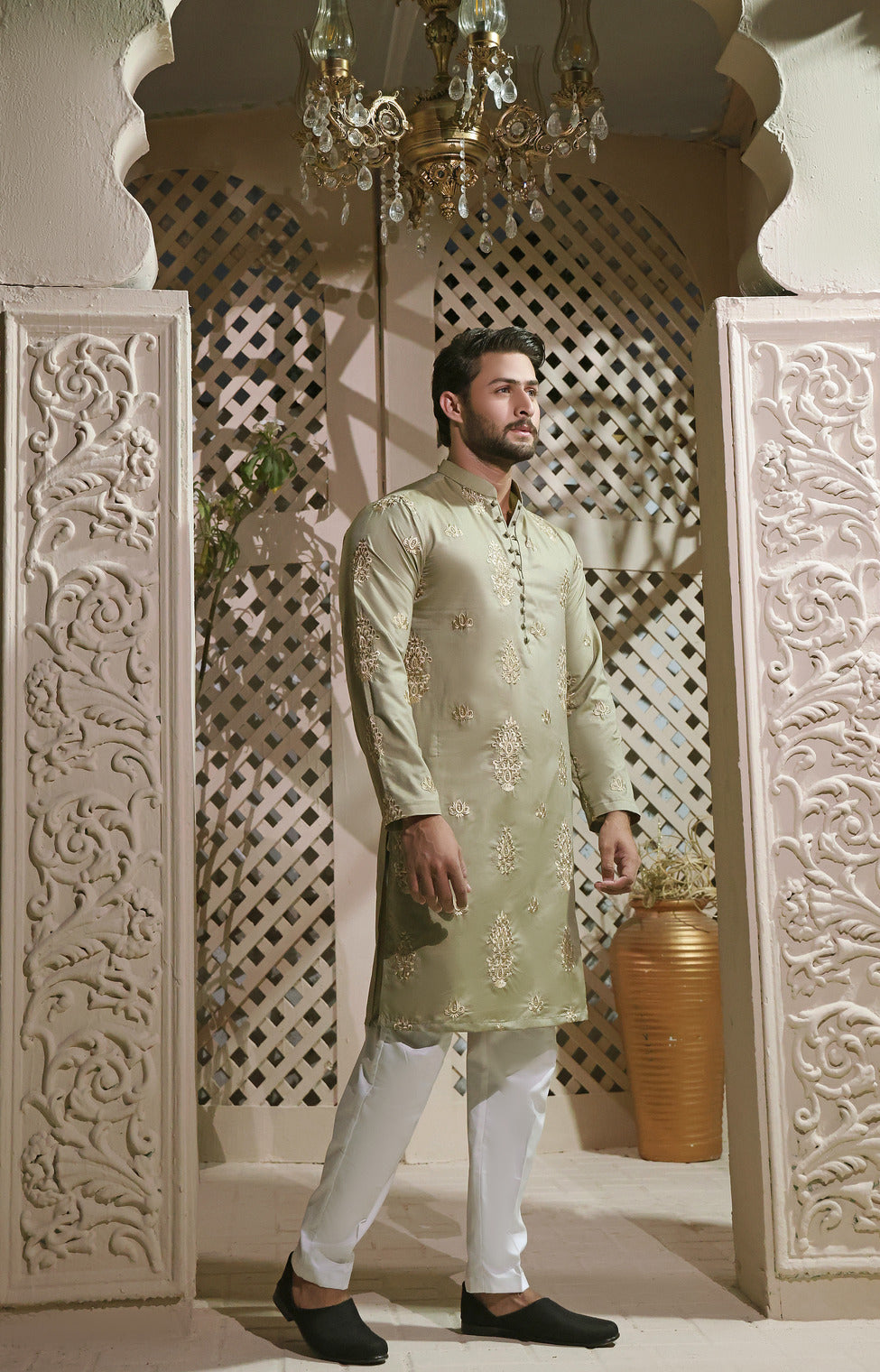Pistachio Embroidered Cotton Silk Kurta (2-Piece) - Image 1