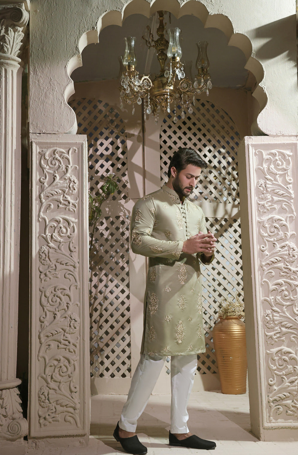 Pistachio Embroidered Cotton Silk Kurta (2-Piece) - Image 2