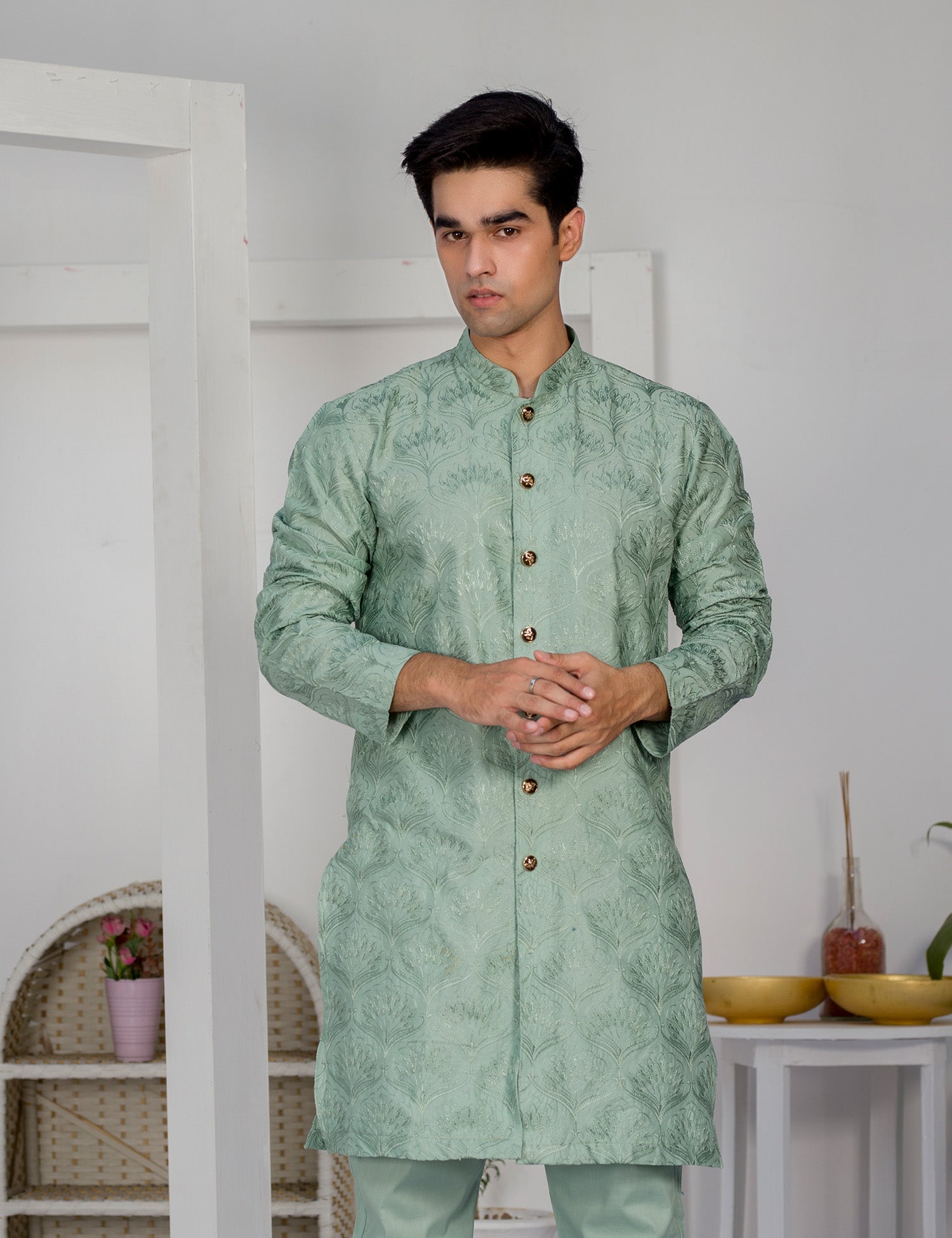 Light Green Embroidered Cotton Kurta Set (2-Piece) - Image 2