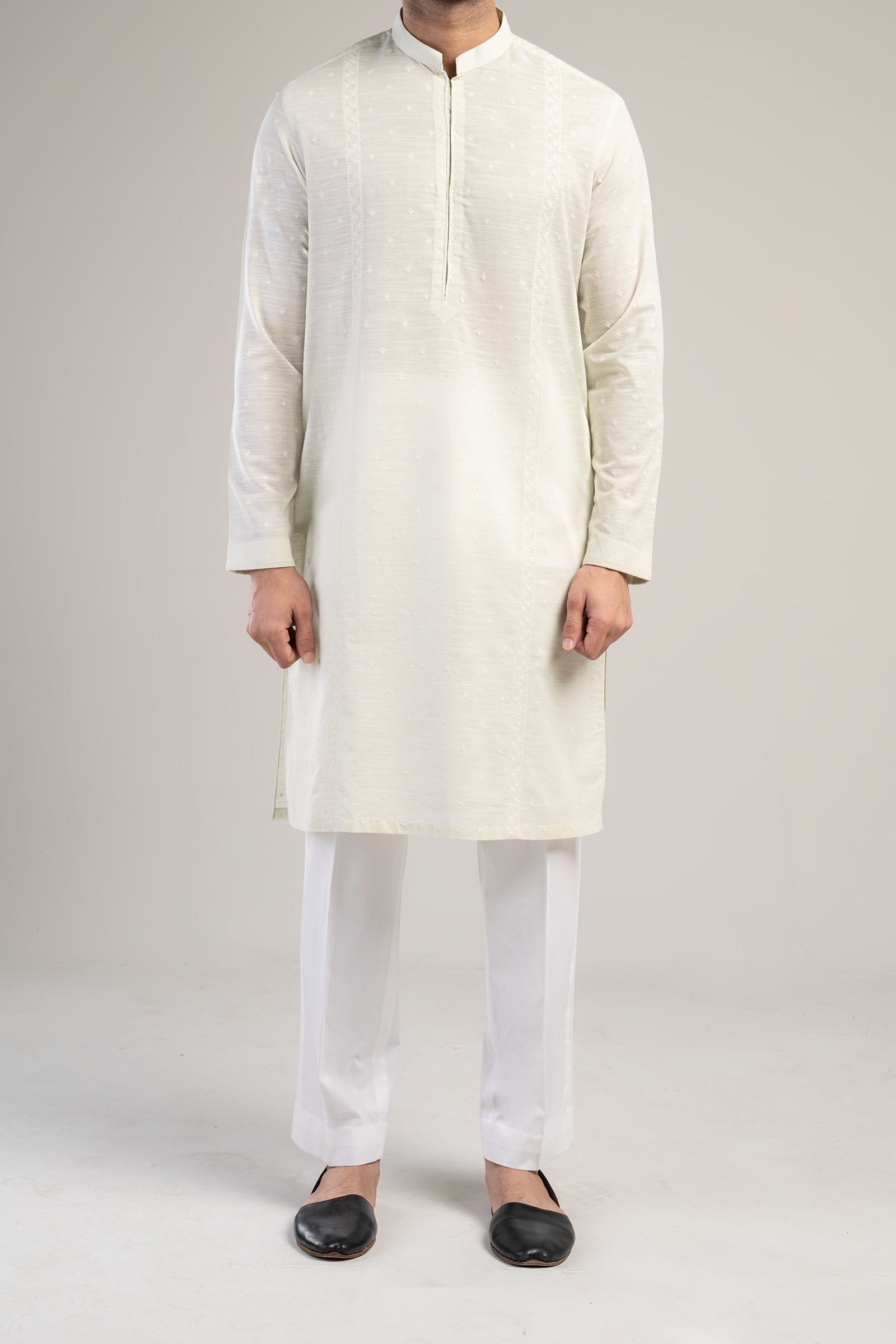 Light Green Embroidered Egyptian Cotton Kurta (2-Piece) - Image 3