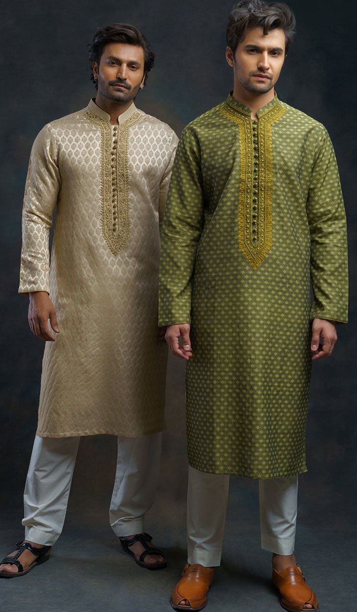Green Kora Embroidered Jacquard Kurta (2-Piece) - Image 1