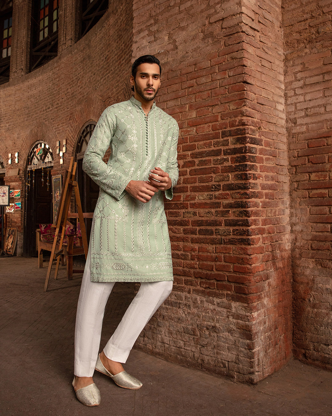 Sage Green Embroidered Karandi Kurta (2-Piece) - Image 1